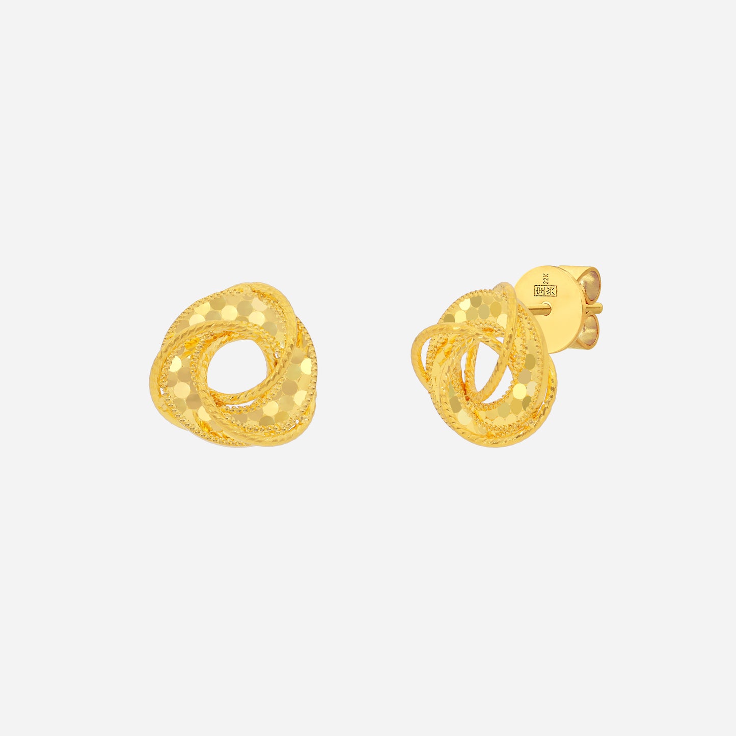 woven 22k yellow gold tweed trivara earrings with modern circular design and textured finish.
