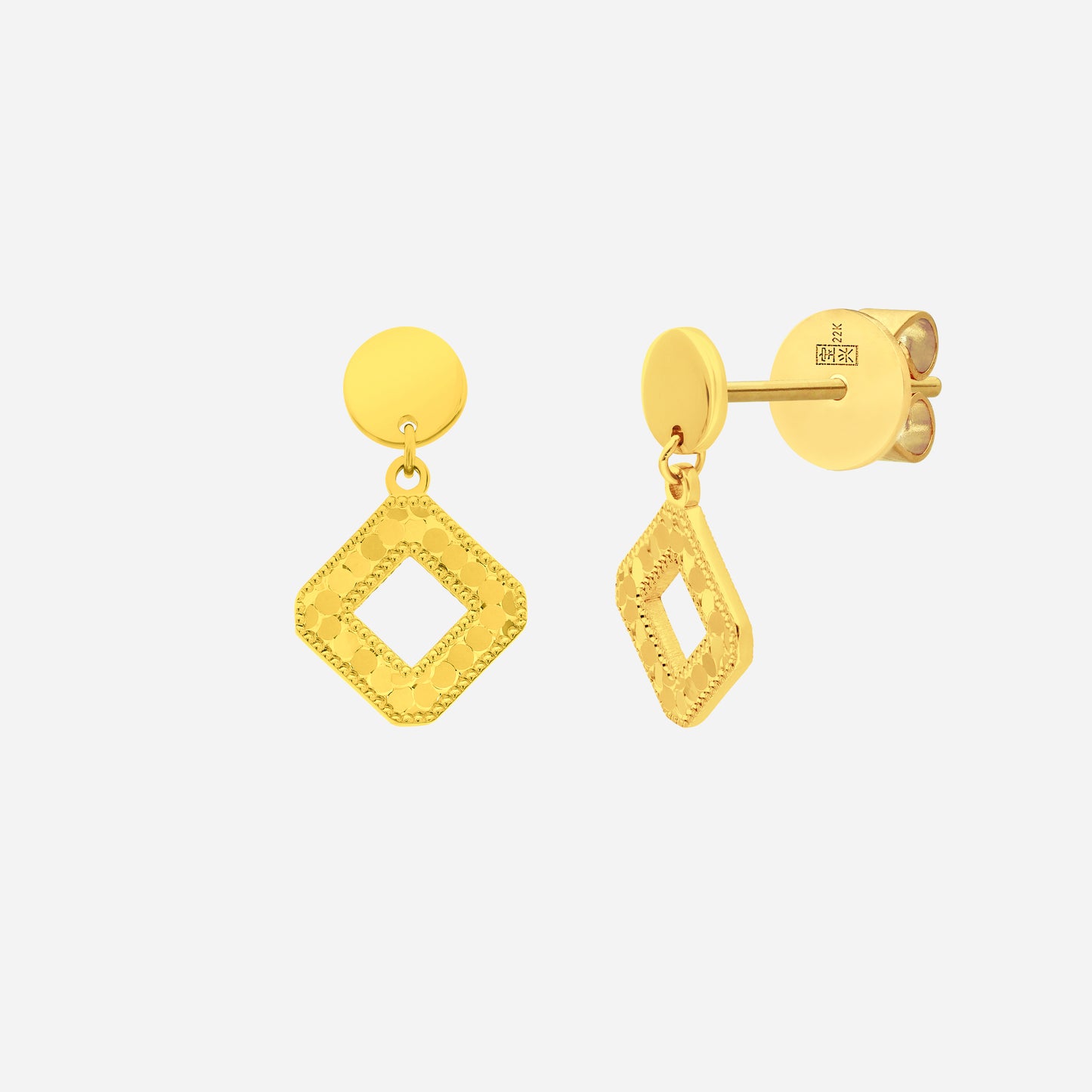 bling rhombus earrings in 22k yellow gold with geometric design and textured rhombus shape.