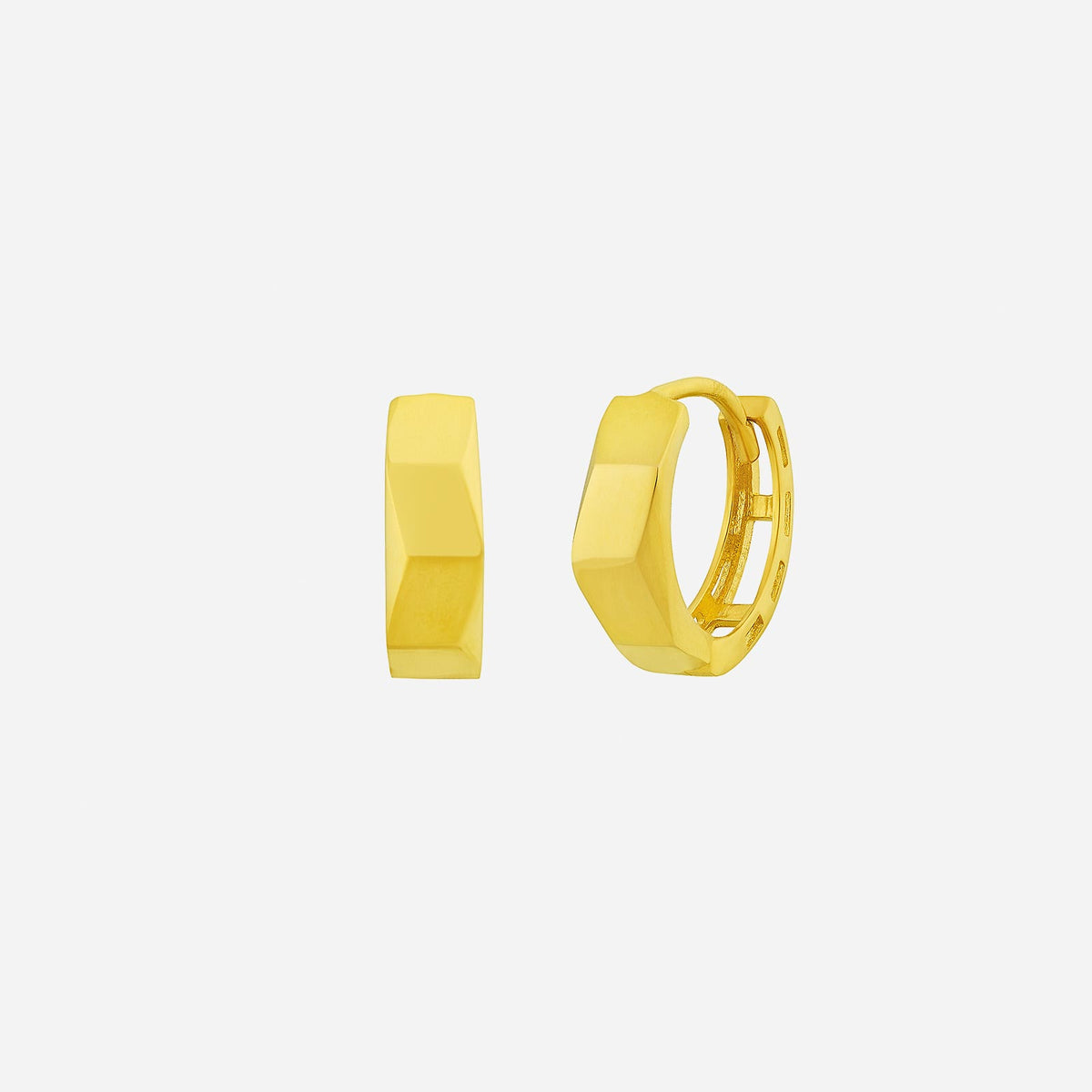22k yellow gold huggie earrings with a modern geometric design for a bold, sophisticated look.