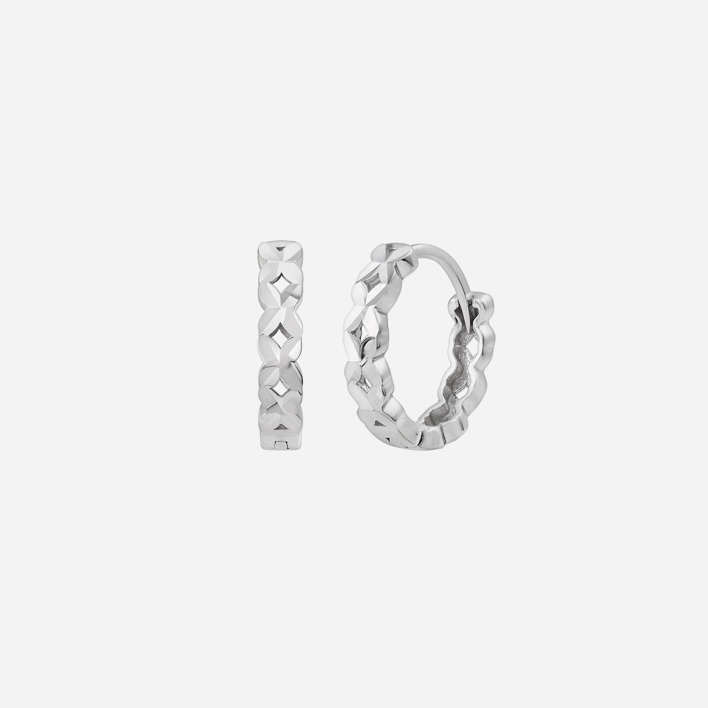 geometric huggie earrings in 18k white gold with a modern block design, perfect for contemporary fashion.