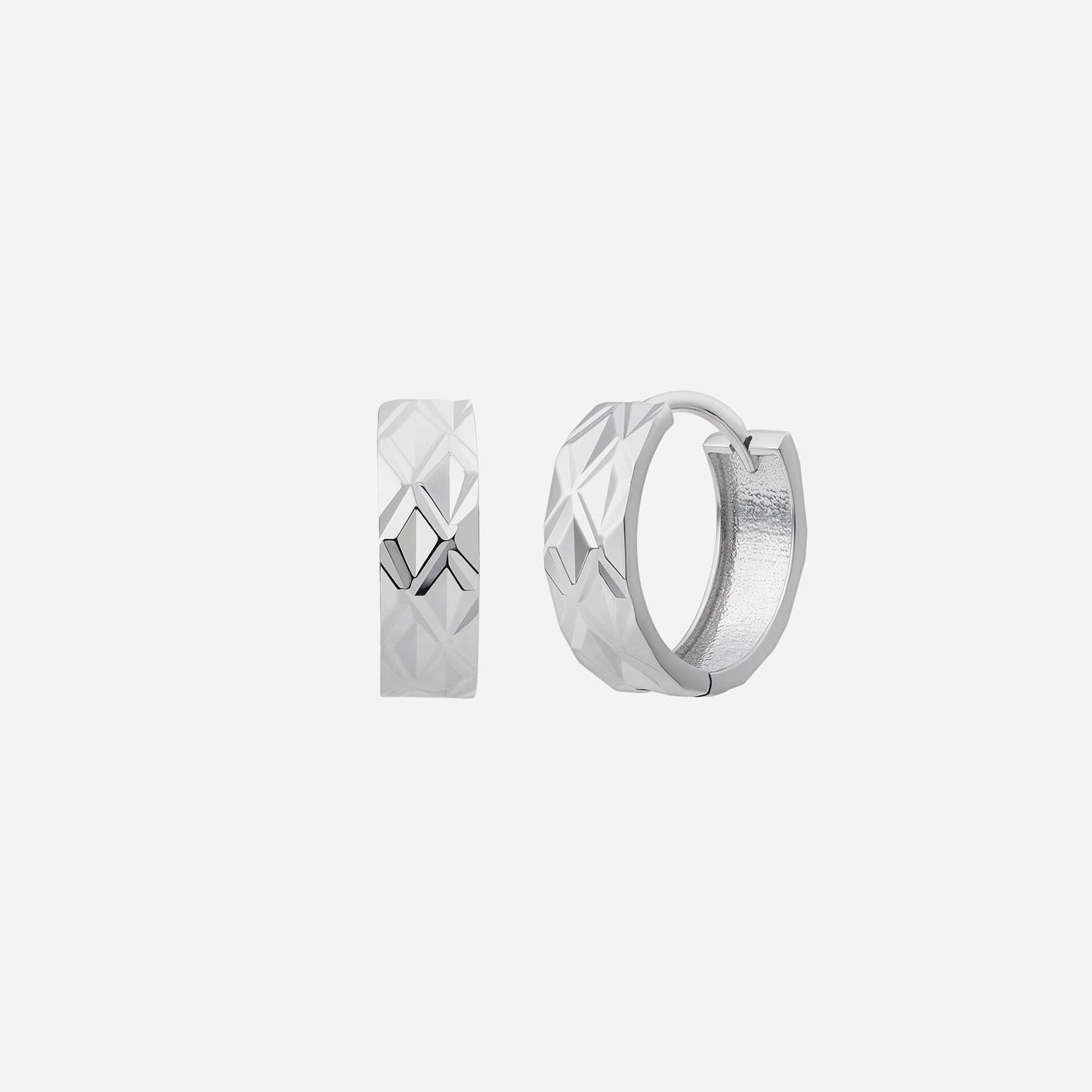 geometric huggie earrings in 18k white gold with a distinctive faceted design, perfect for contemporary style.