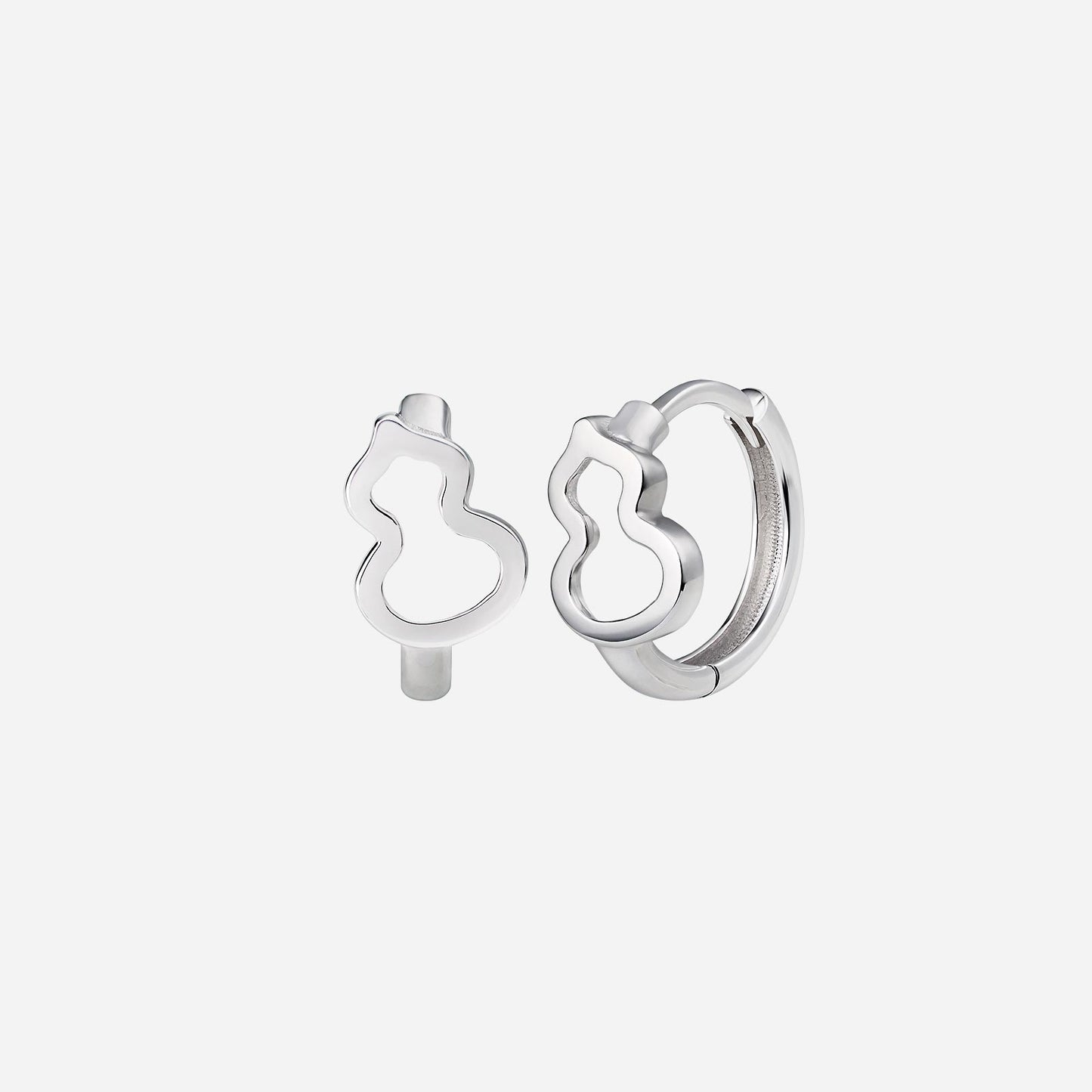 chinese gourd huggie earrings in 18k white gold with a unique open design, perfect for daily elegance and protection.