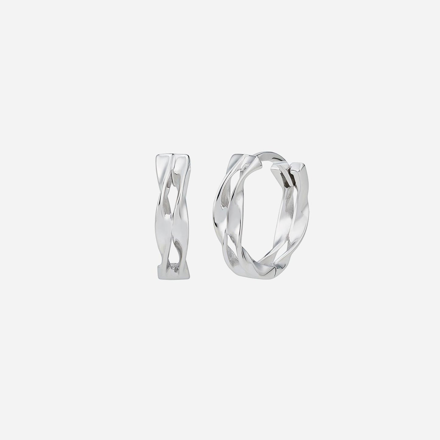 twisted huggie earrings in 18k white gold with an intricate design, blending modern and traditional styles.