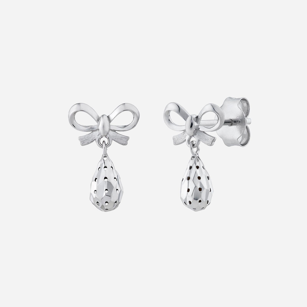 ribbons earrings in 18k white gold with playful bow design and drop-style, featuring intricate cutout details.