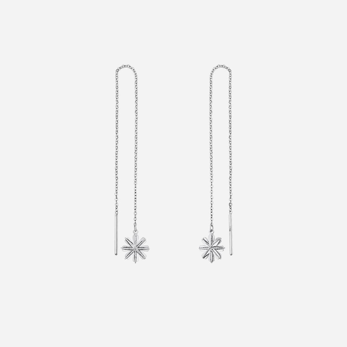 18k white gold flower earrings featuring intricate bloom design on delicate chain, capturing nature's charm.