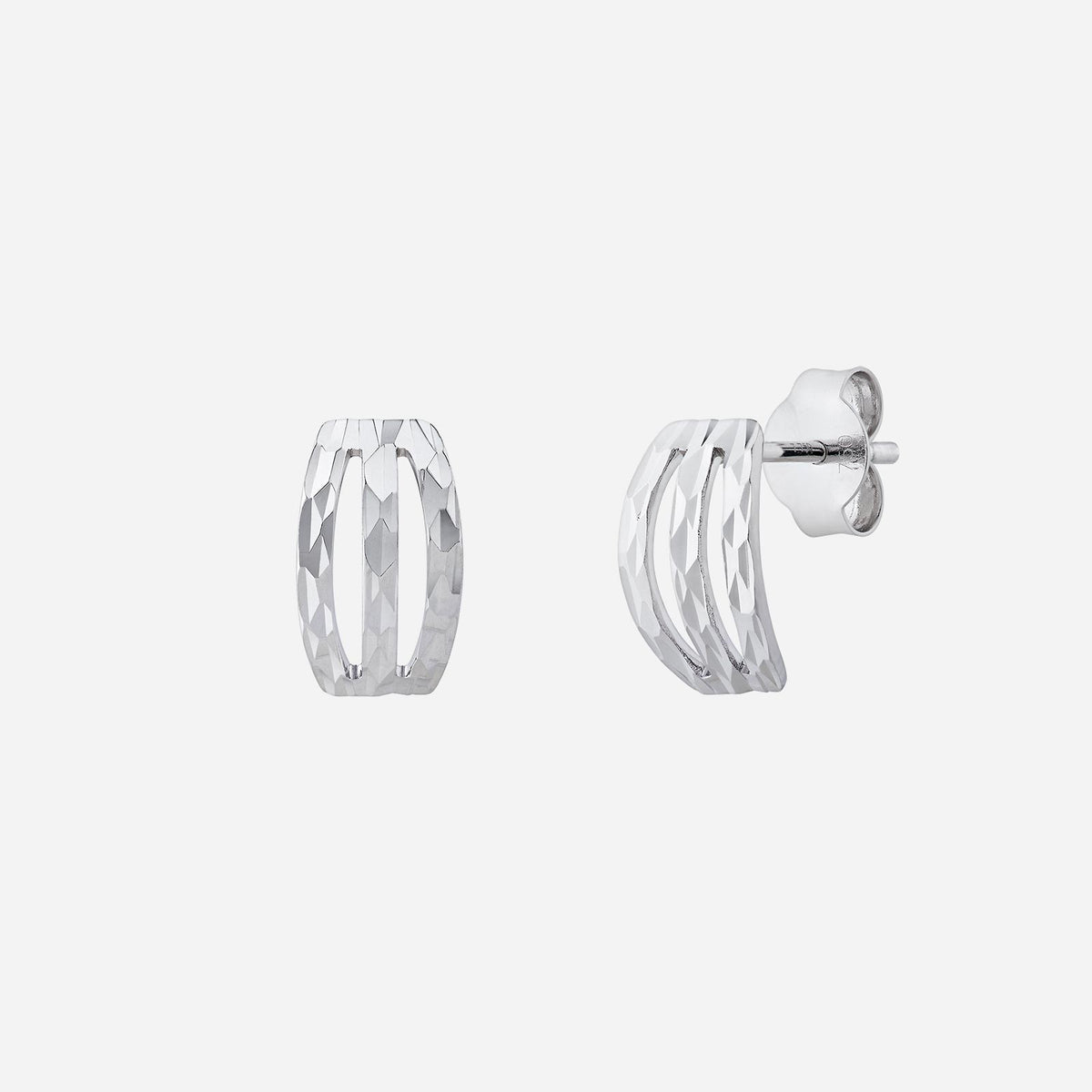 18k white gold earrings featuring modern design with polished, faceted parallel bands for a contemporary look.