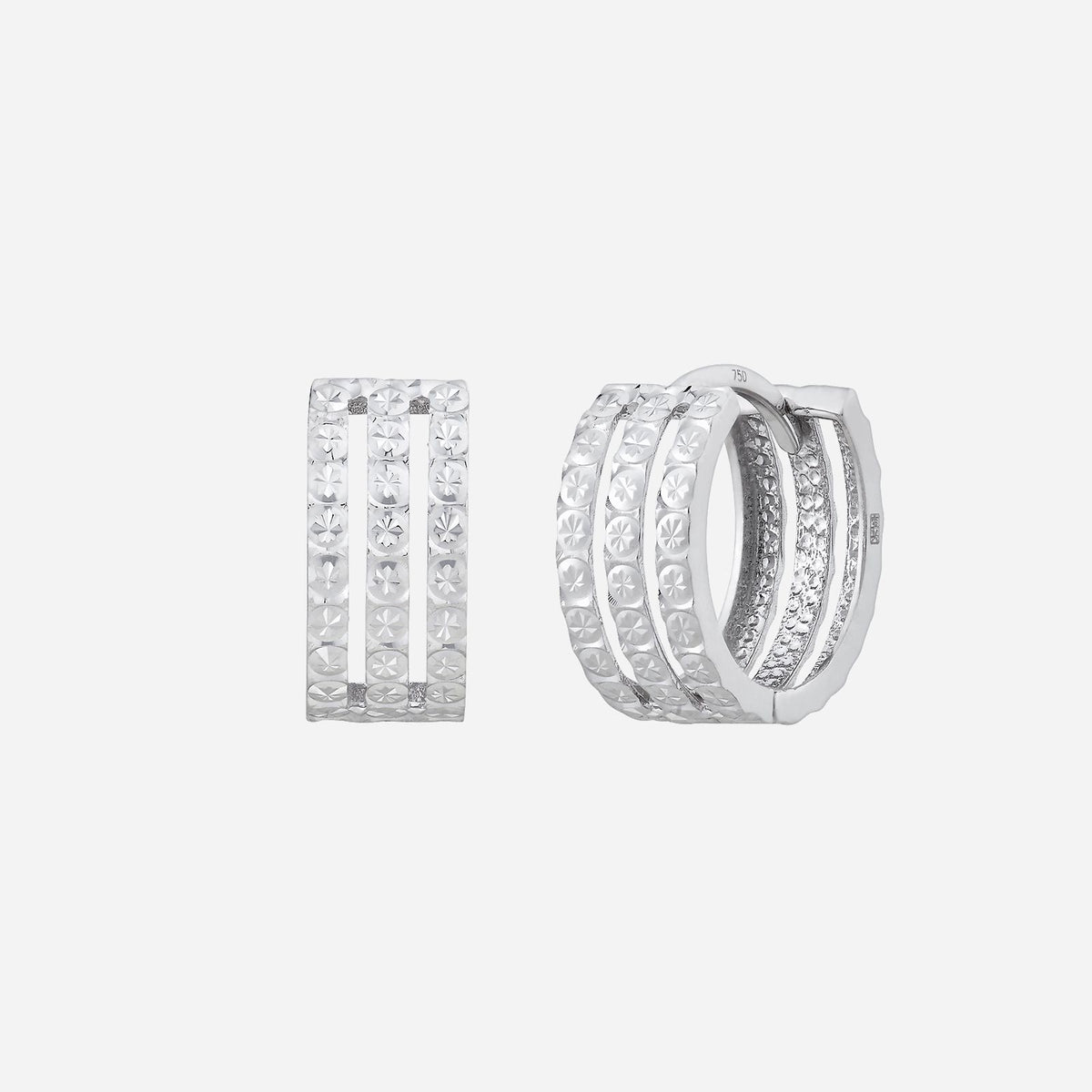 18k white gold earrings with a contemporary design featuring a textured surface and sparkling details.
