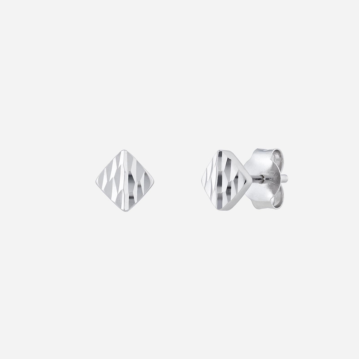 18k white gold stud earrings featuring a sleek diamond shape with a modern, textured design.