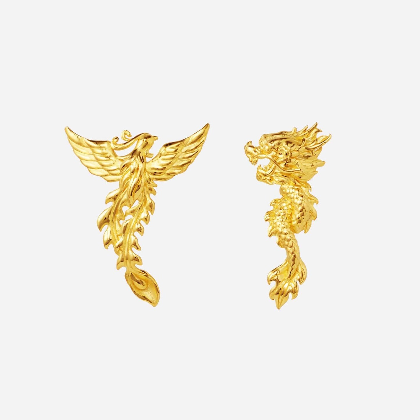 celestial union earrings in 24k yellow gold featuring phoenix and dragon designs for a luxurious look.