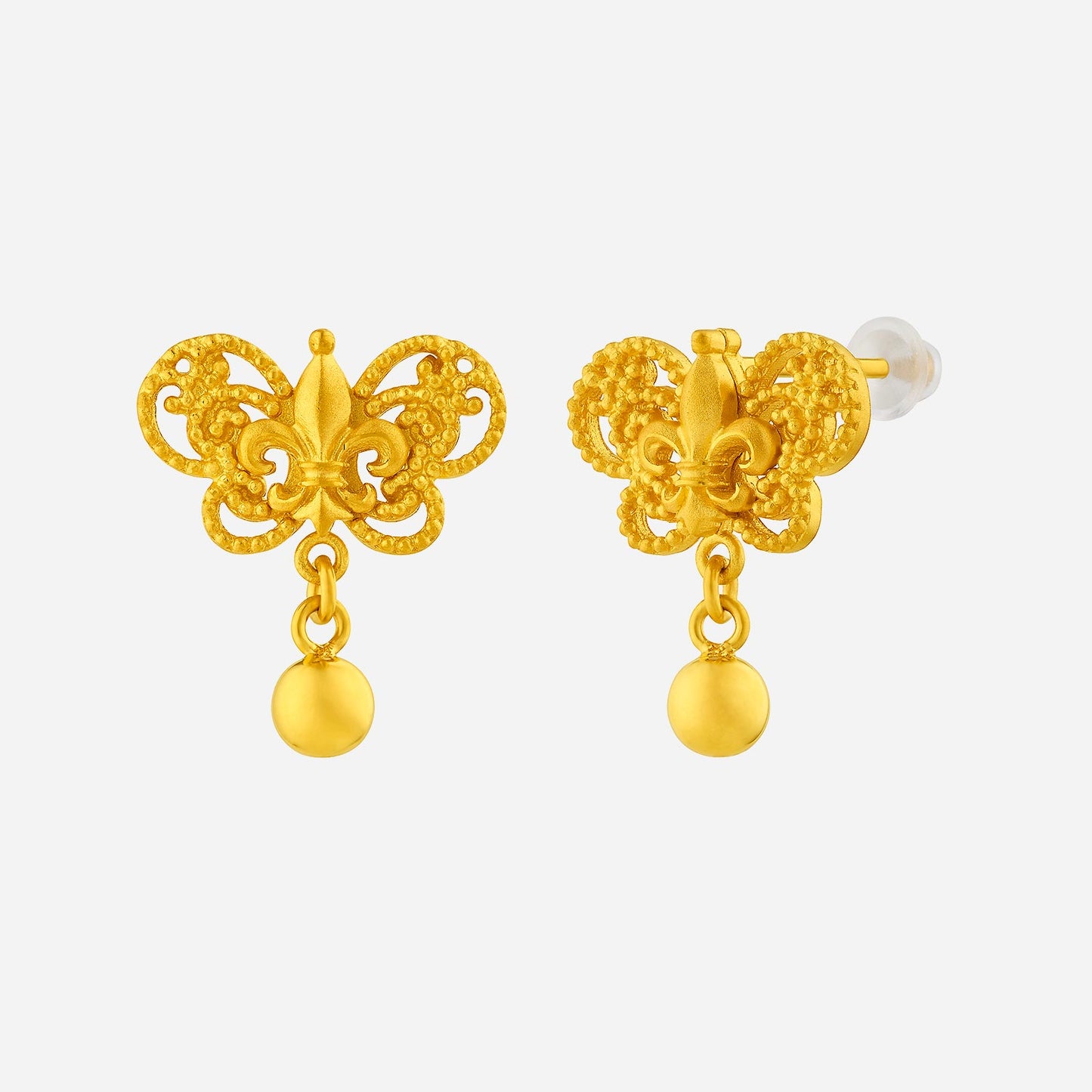 fleur de lis drop earrings in 24k yellow gold with butterfly motif and dangling spherical charm.