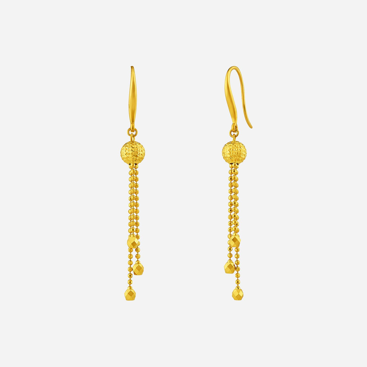dangling beaded earrings in 24k yellow gold with textured round beads and elegant drop design.