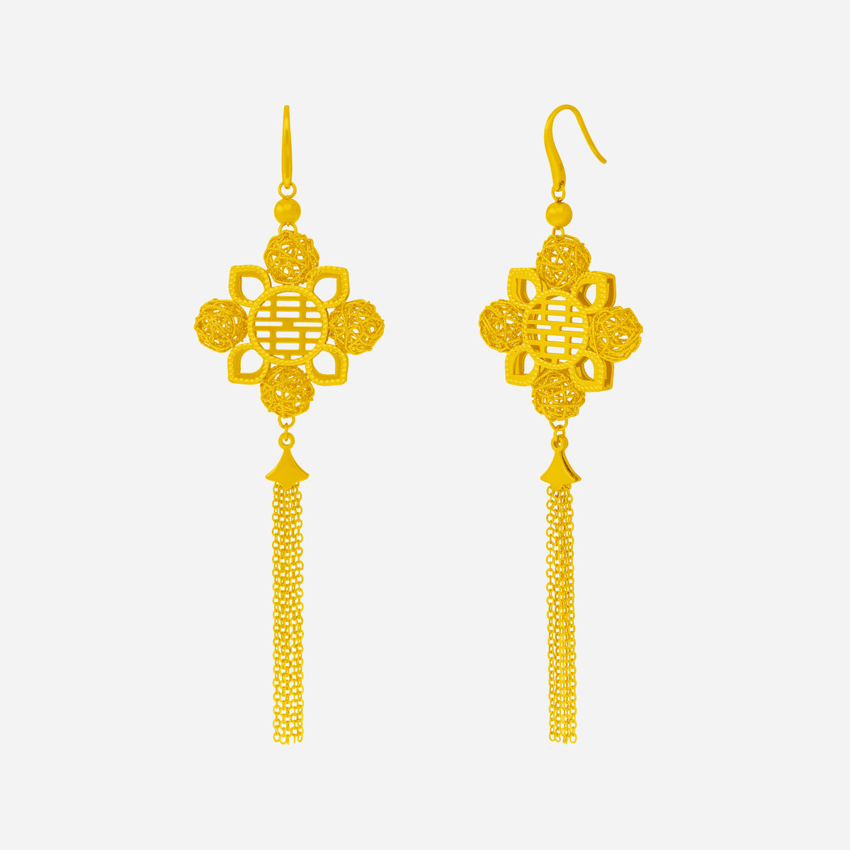 bloom in happiness earrings in 24k yellow gold with filigree petals and cascading chain tassels for a bridal look.