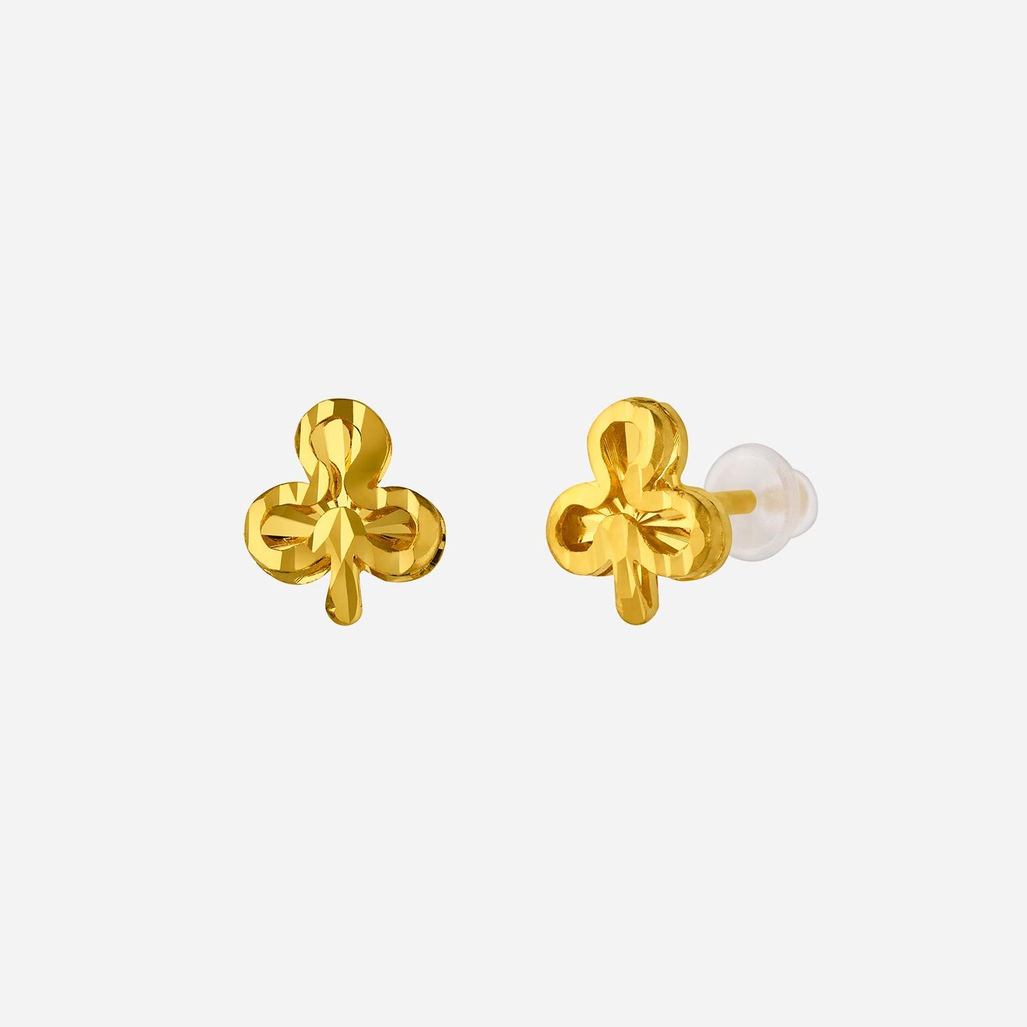 clover-shaped earrings in 24k yellow gold with a polished finish and silicone stud-stoppers for secure wear.