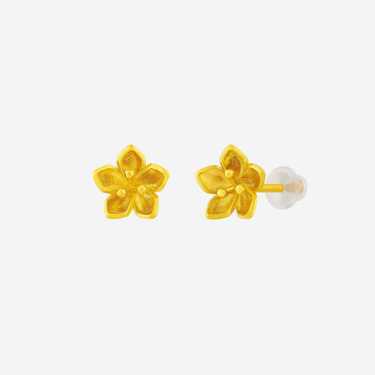 24k yellow gold flower earrings with intricate petals and silicone stud stoppers, perfect for elegance and charm.