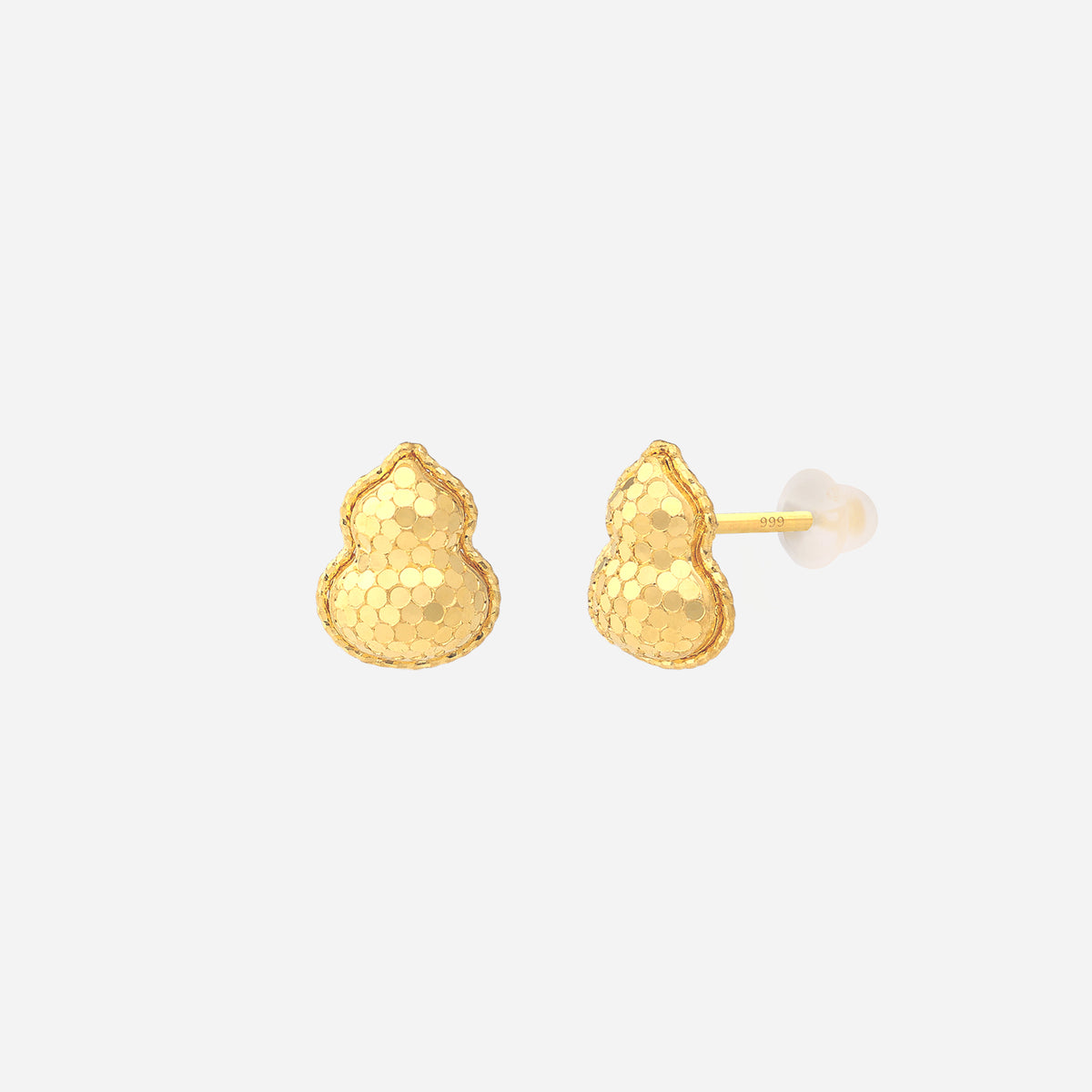 gourd earrings in 24k yellow gold with a faceted surface for a shimmering finish. silicone stud-stoppers included.
