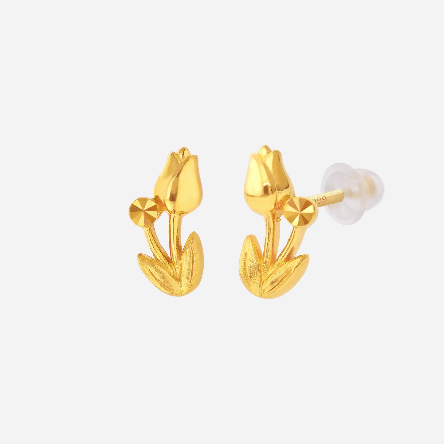 flower earrings in 24k yellow gold with a refined bud silhouette and silicone stud-stoppers, featuring floral design.