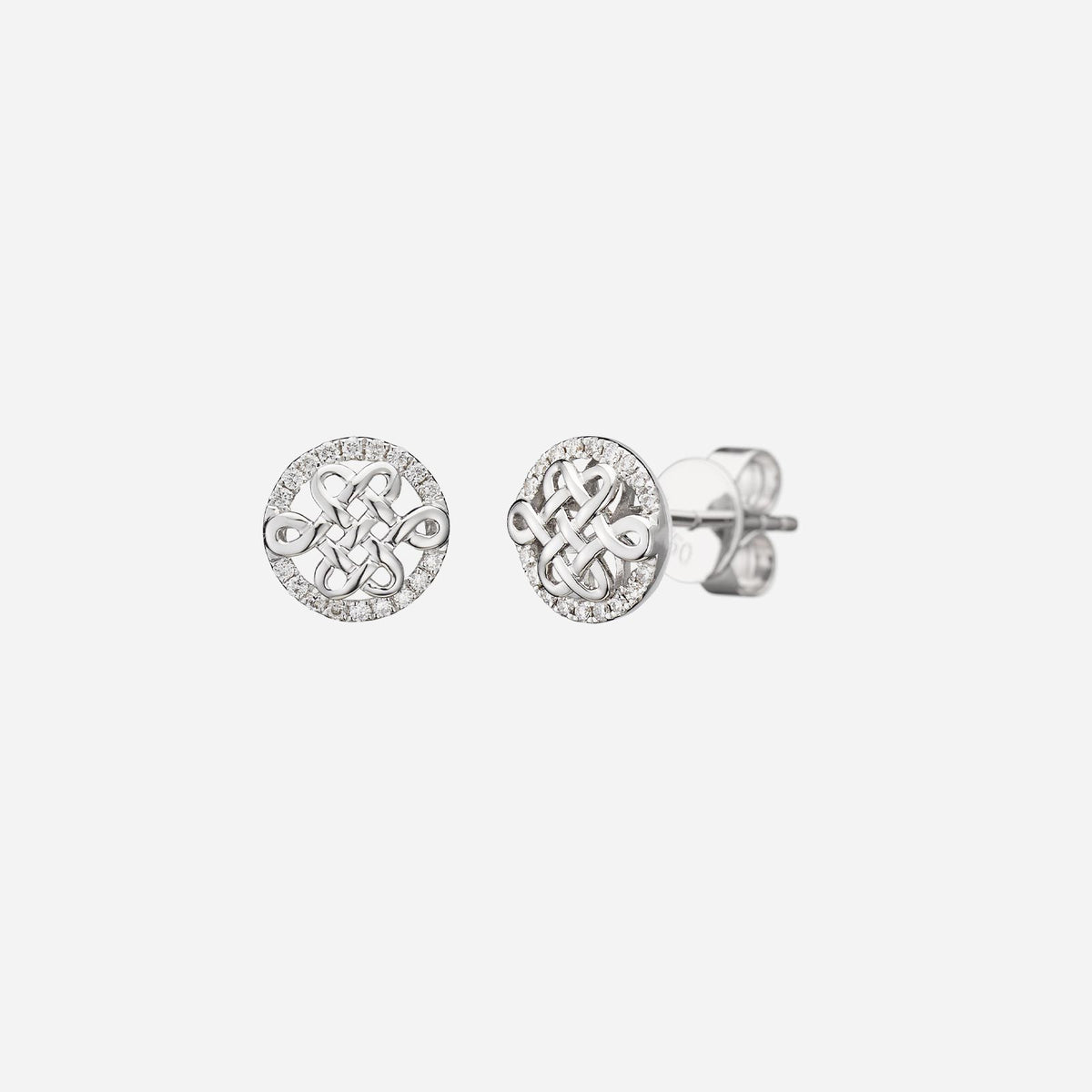 eternity knot diamond earrings in 18k white gold with sparkling diamond accents and intricate knot design.