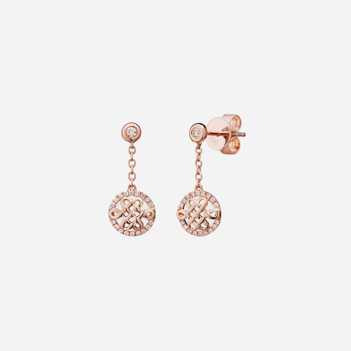 eternity knot diamond earrings in rose gold with circular design and sparkling diamond accents.