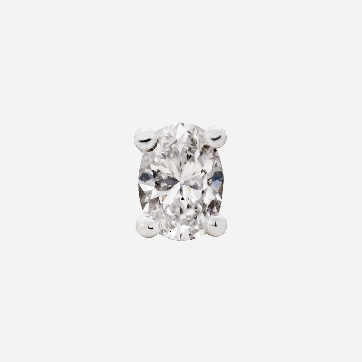 oval-cut diamond stud earring set in 18k white gold with four prongs for secure hold and elegant design.