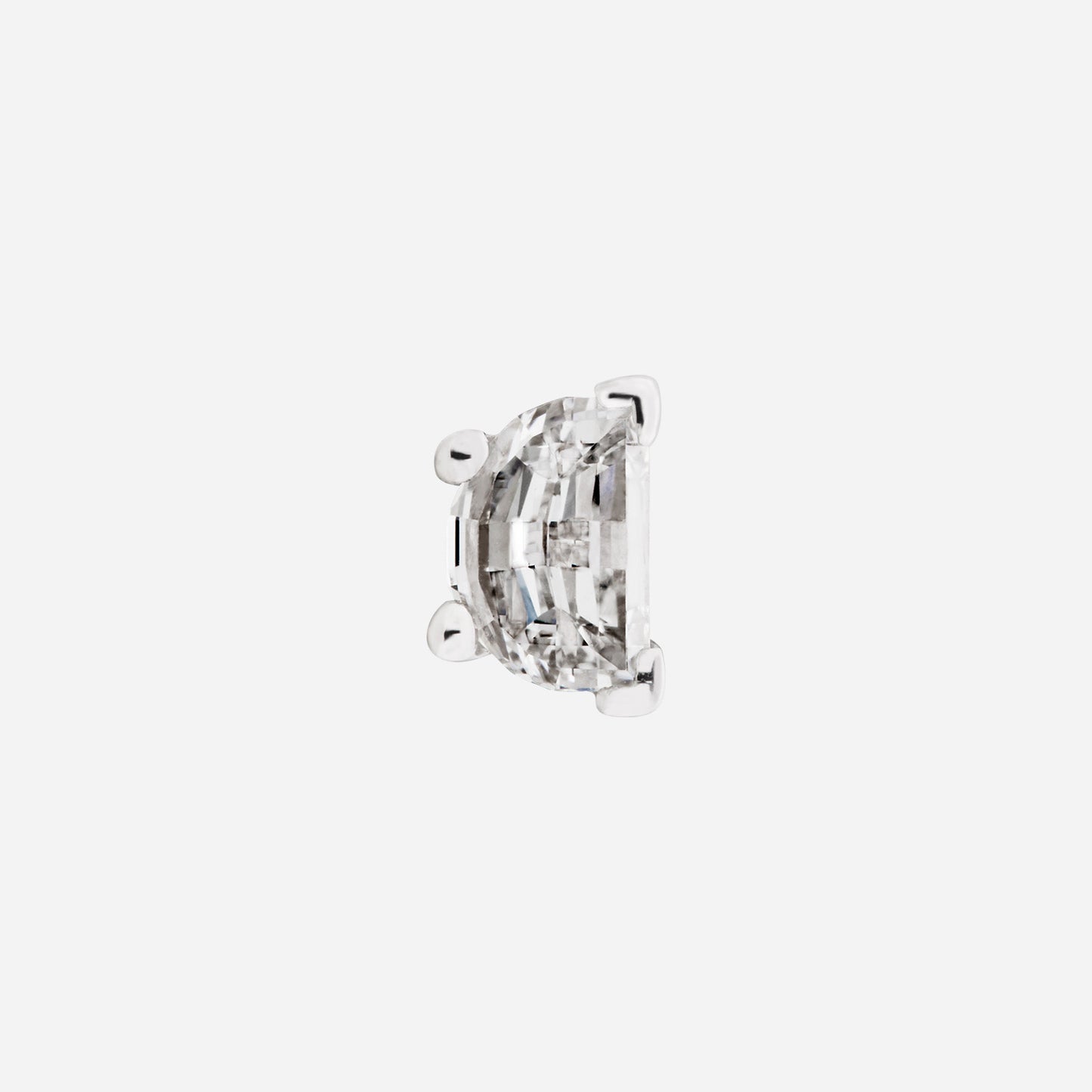 moon shape diamond stud earring in 18k white gold featuring a half moon cut design. elegant and modern jewelry piece.