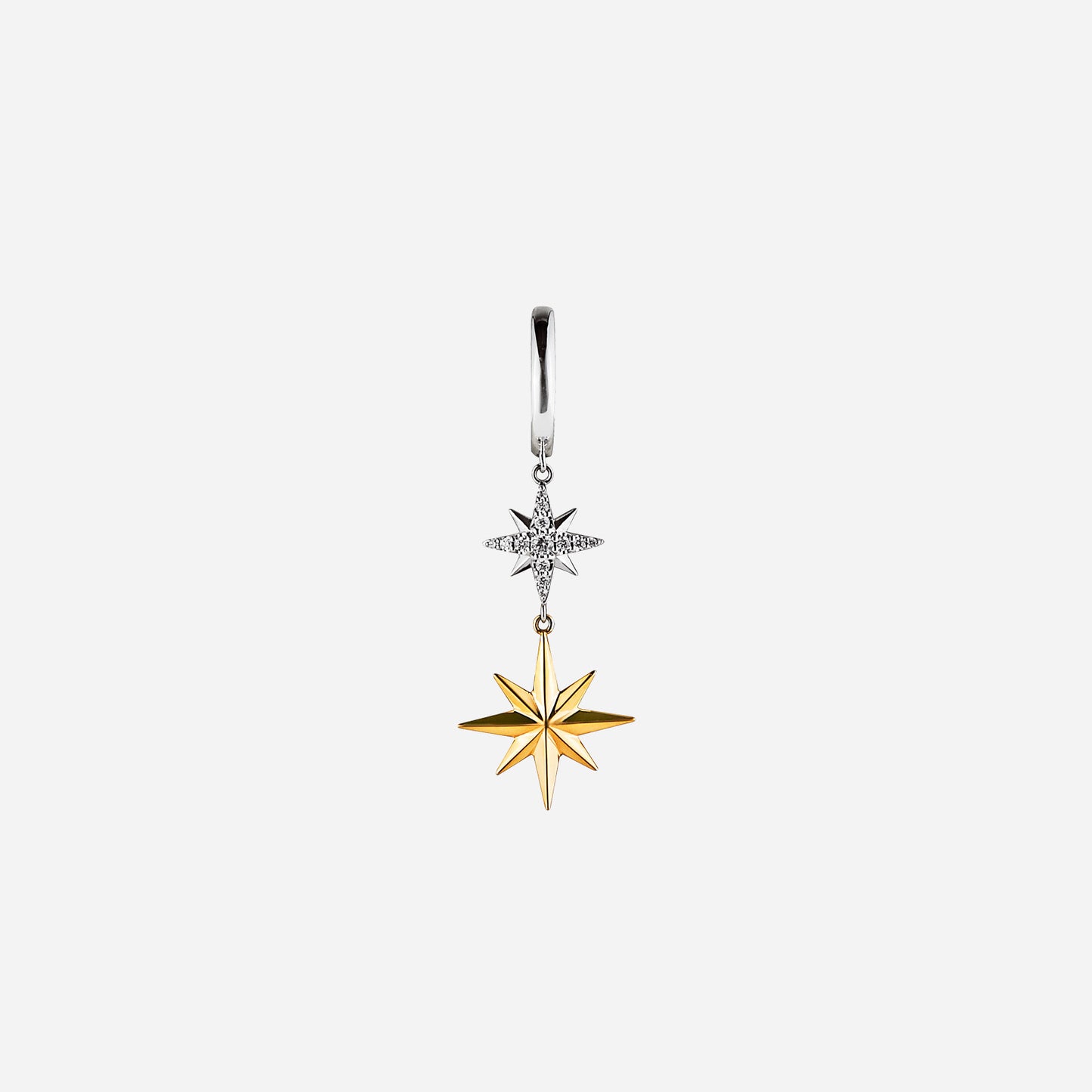 bling diamond drop earring in 18k yellow and white gold featuring two star designs with sparkling diamonds.
