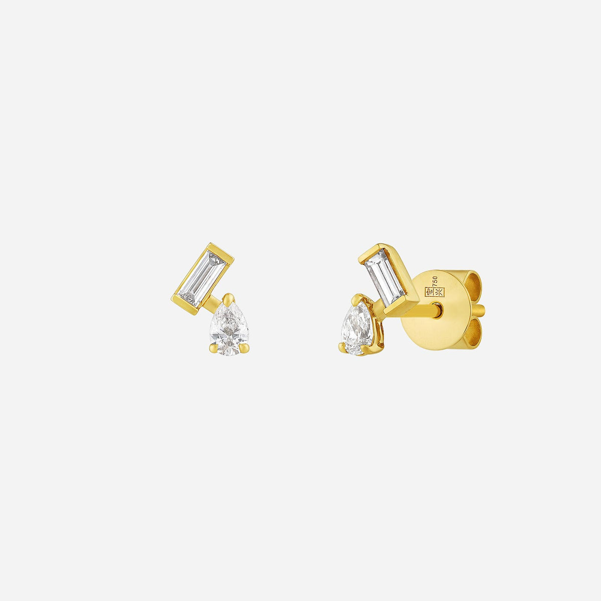 mezcla diamond earrings in 18k yellow gold featuring pear and rectangular mixed-cut diamonds. unique modern design.
