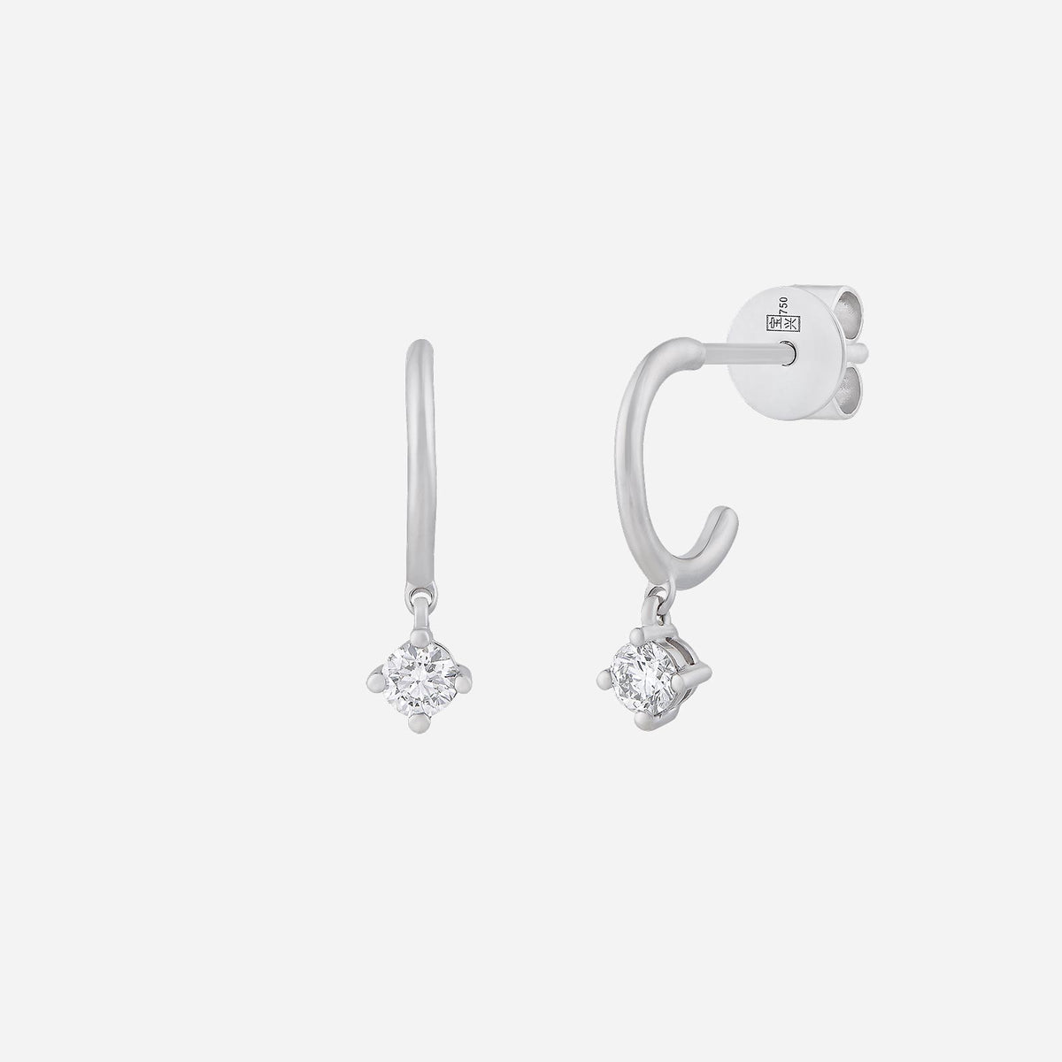 round drop diamond earrings in 18k white gold, featuring sparkling prong-set diamonds elegantly swaying.