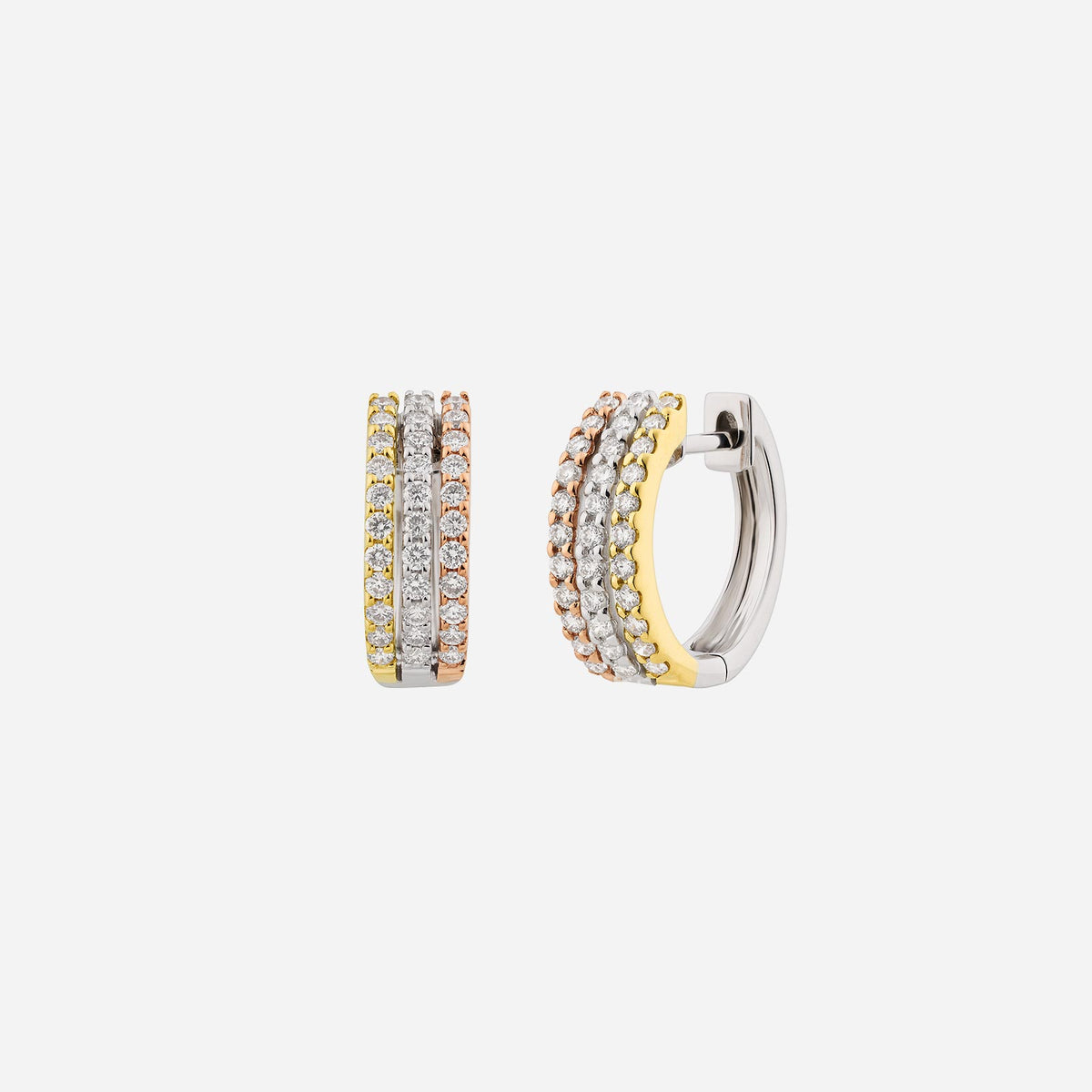 tricolour diamond earrings in yellow, white, and rose gold with sparkling gemstones in a chic hoop design.