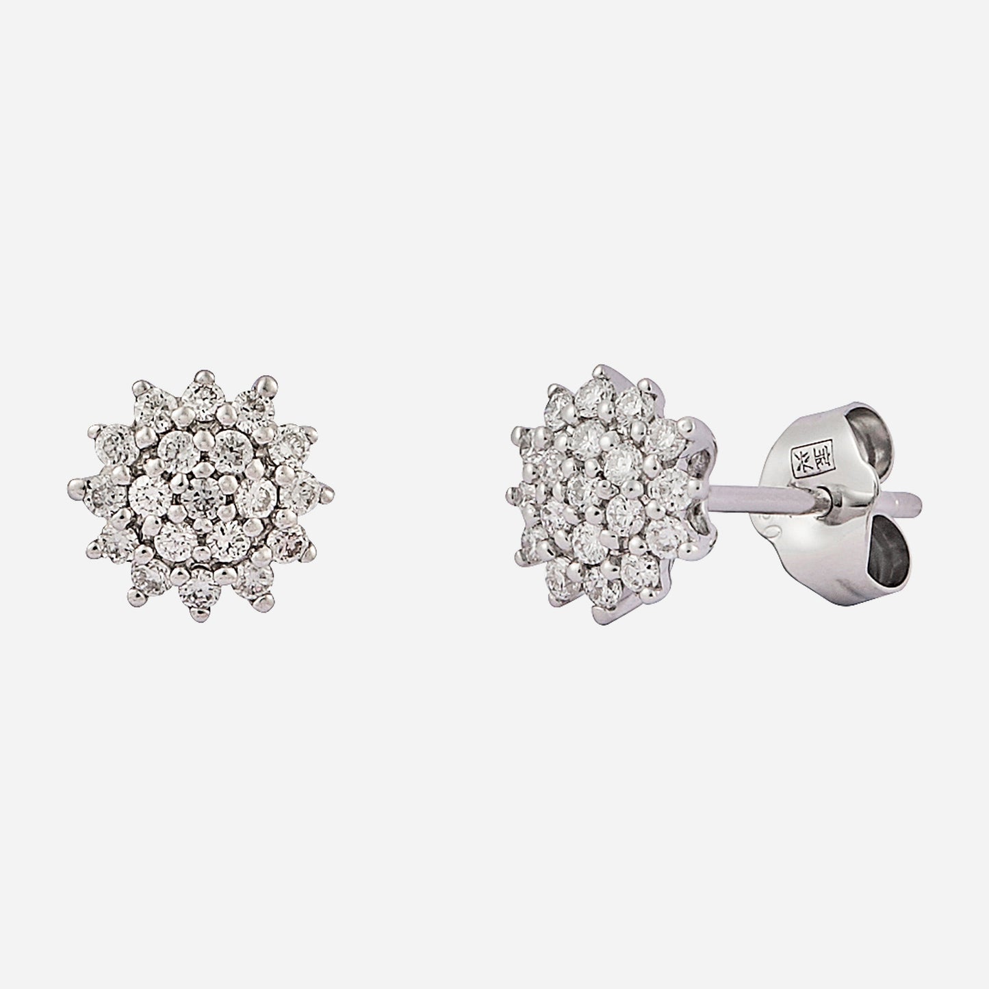 sunburst diamond stud earrings in 18k white gold, featuring a floral design and sparkling diamonds.