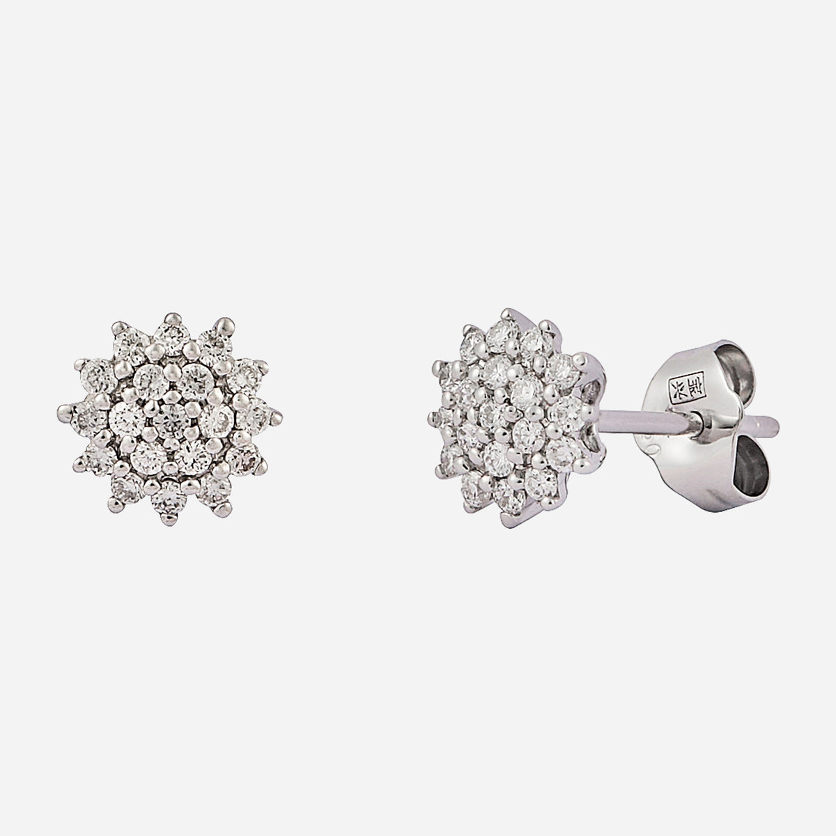 sunburst diamond stud earrings in 18k white gold, featuring a dazzling floral design with sparkling diamonds.