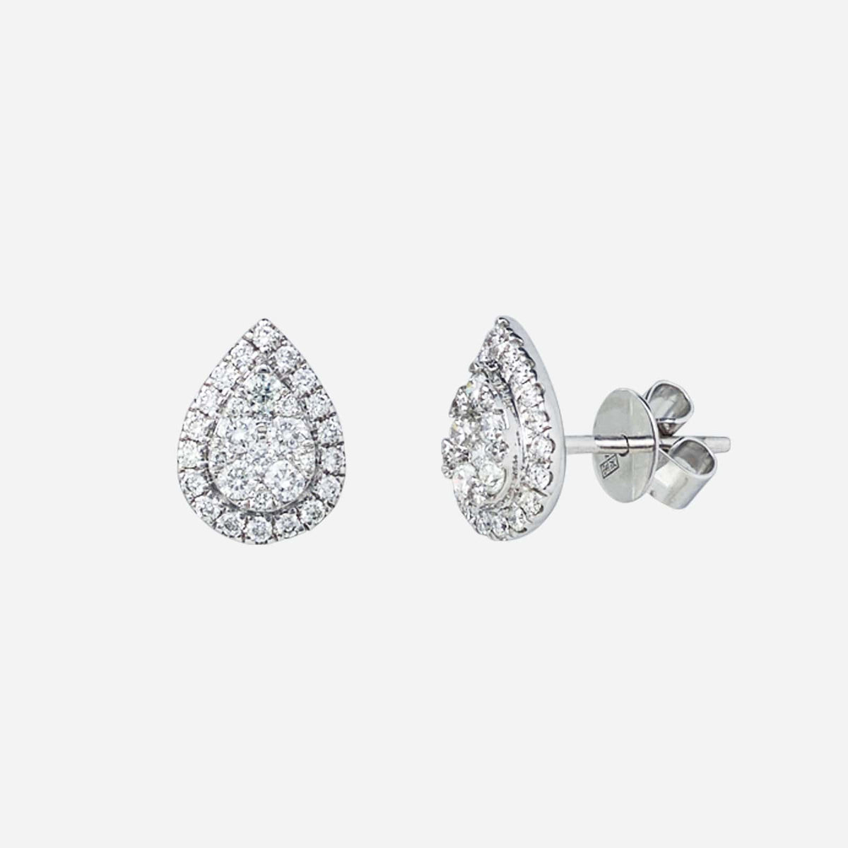 perpetual love diamond earrings in 18k white gold, featuring pear-shaped diamonds and a halo design for elegance.