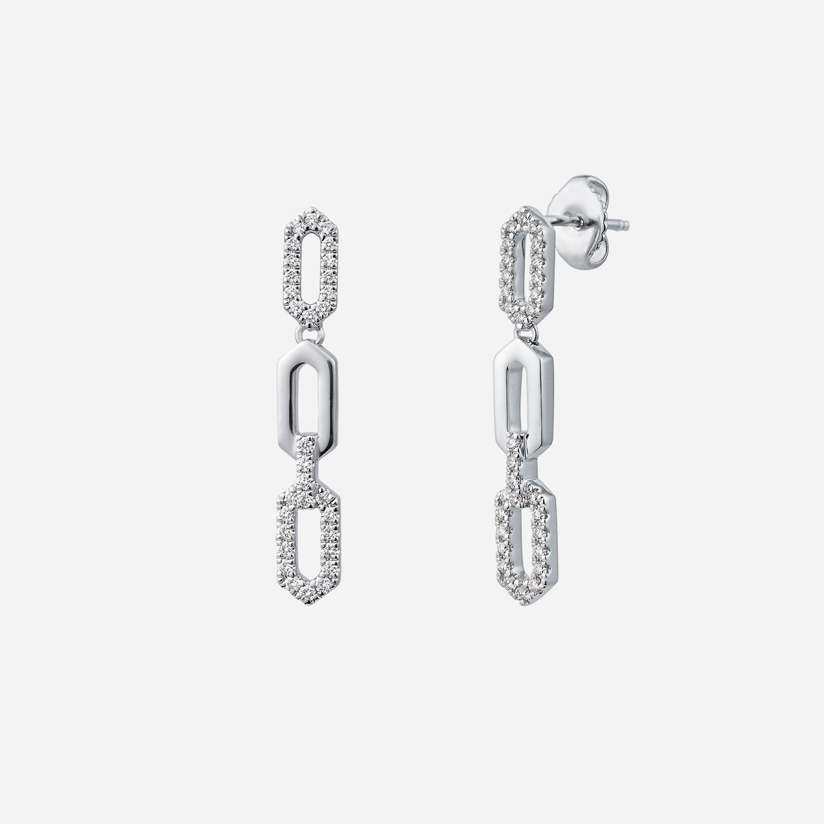 honeycomb earrings in shining white gold with diamond accents, featuring a modern chain design. perfect for elegant sophistication.