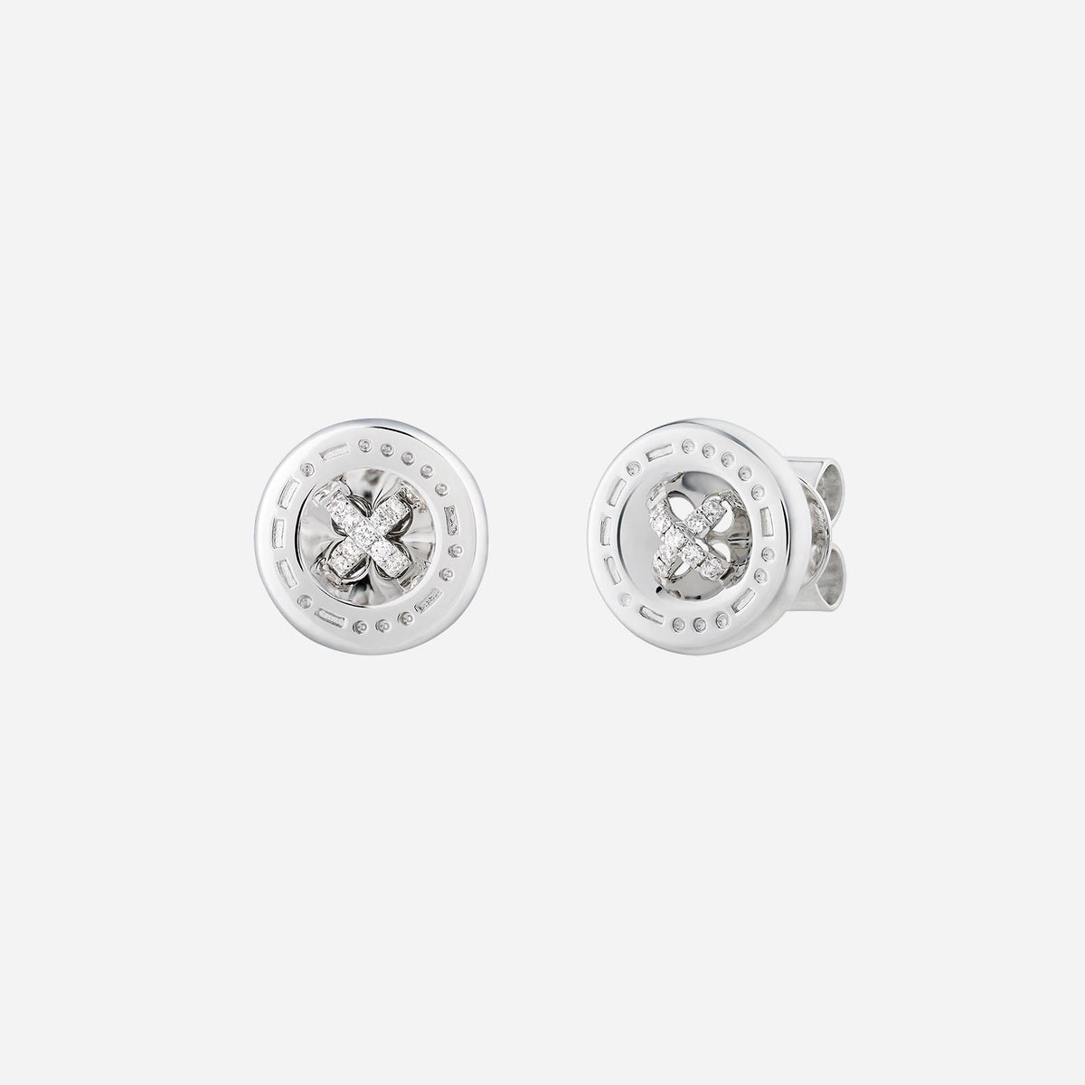 button diamond earrings in 18k white gold featuring intricate morse code design and sparkling diamonds.