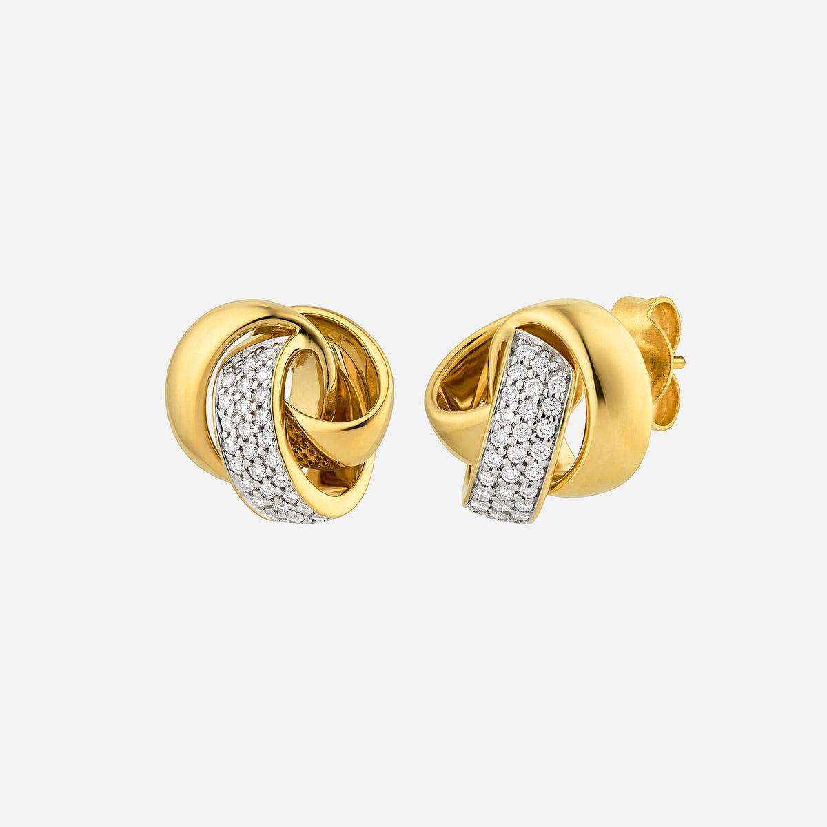 knot diamond earrings in 18k yellow white gold with sparkling diamonds and intertwined design. elegant and timeless.