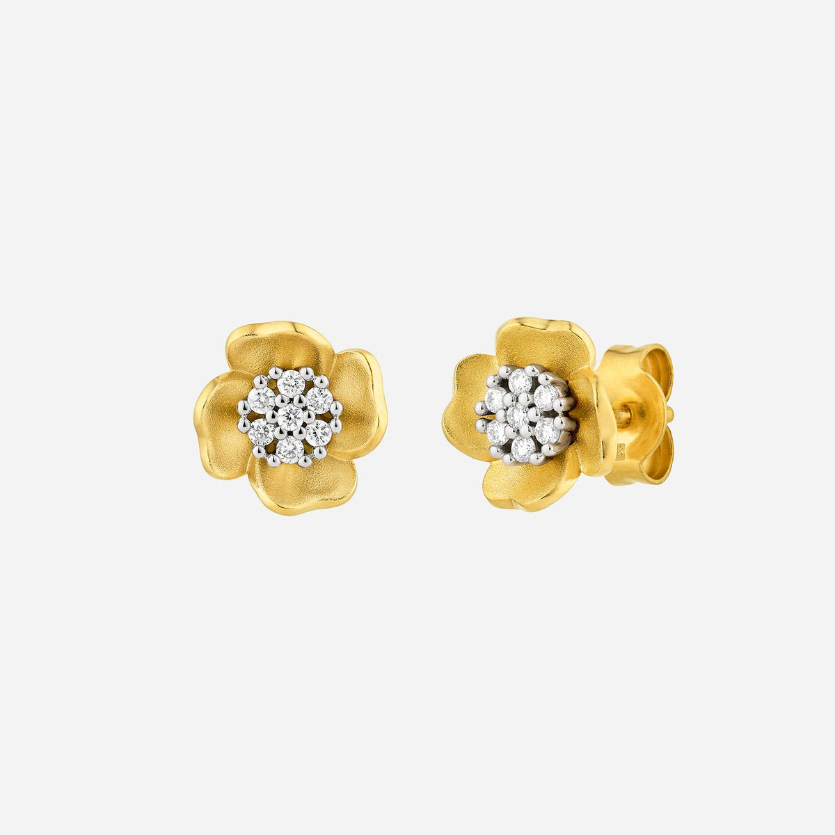 flower earrings in 18k yellow and white gold, featuring a diamond cluster center and delicate petals design.