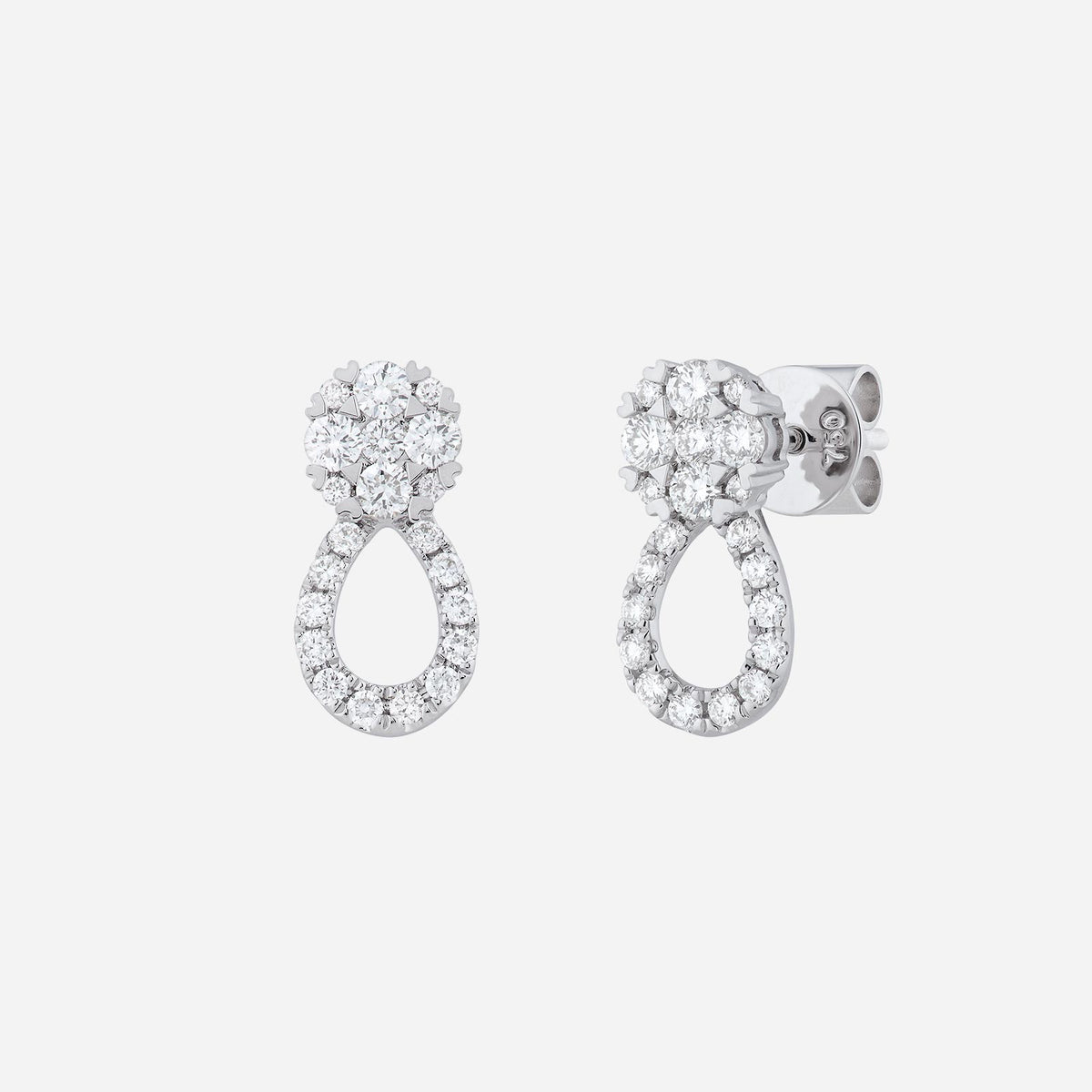 infinity diamond earrings in 18k white gold featuring sparkling diamond clusters and elegant teardrop design.