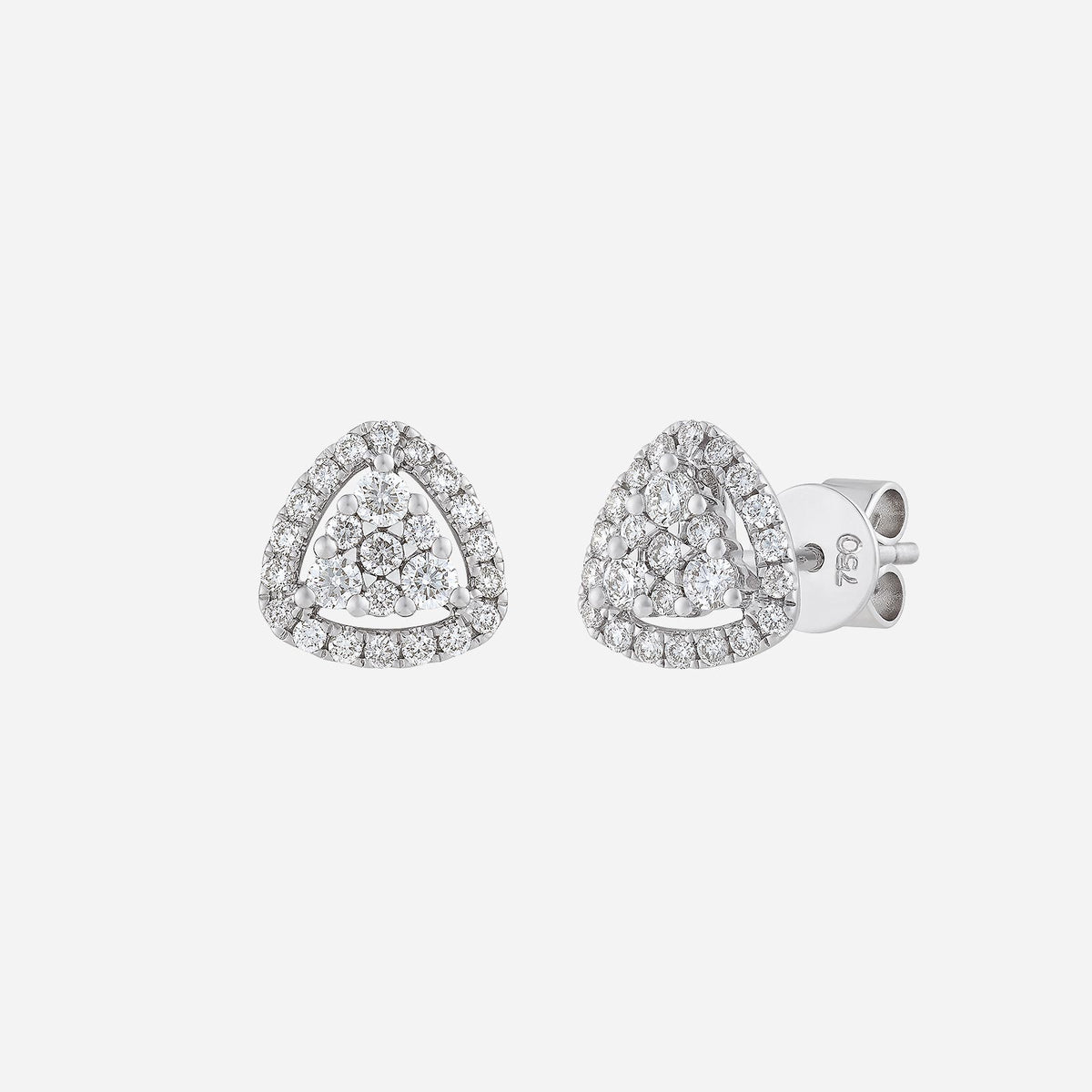 trilliant diamond earrings in 18k white gold, featuring sparkling diamond clusters in a triangle design.