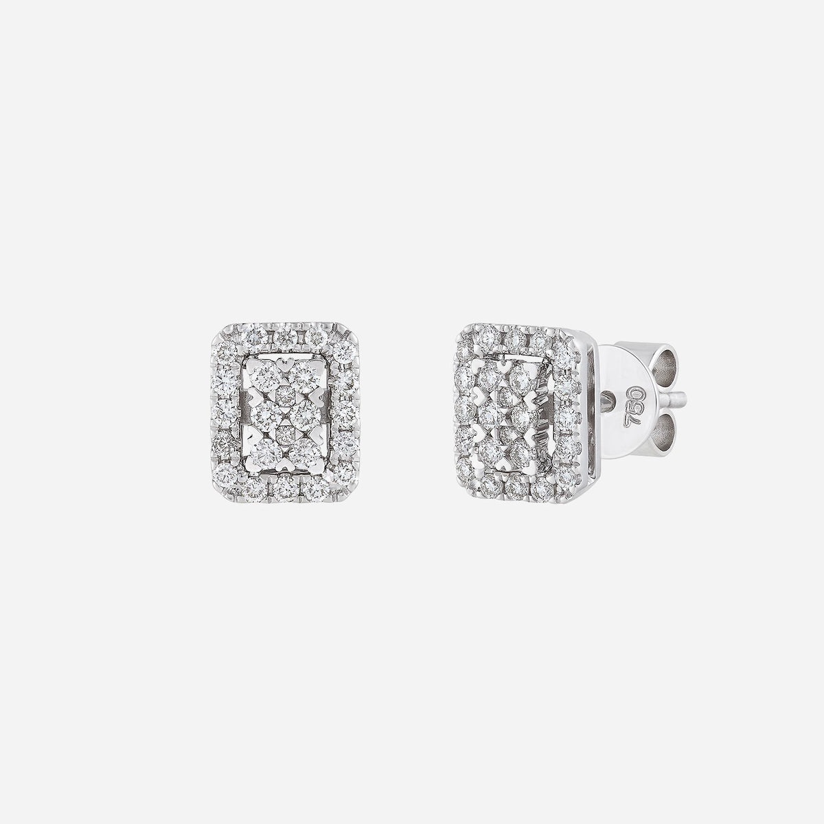 ottagono diamond earrings in 18k white gold featuring a square design with multiple surrounding diamonds.