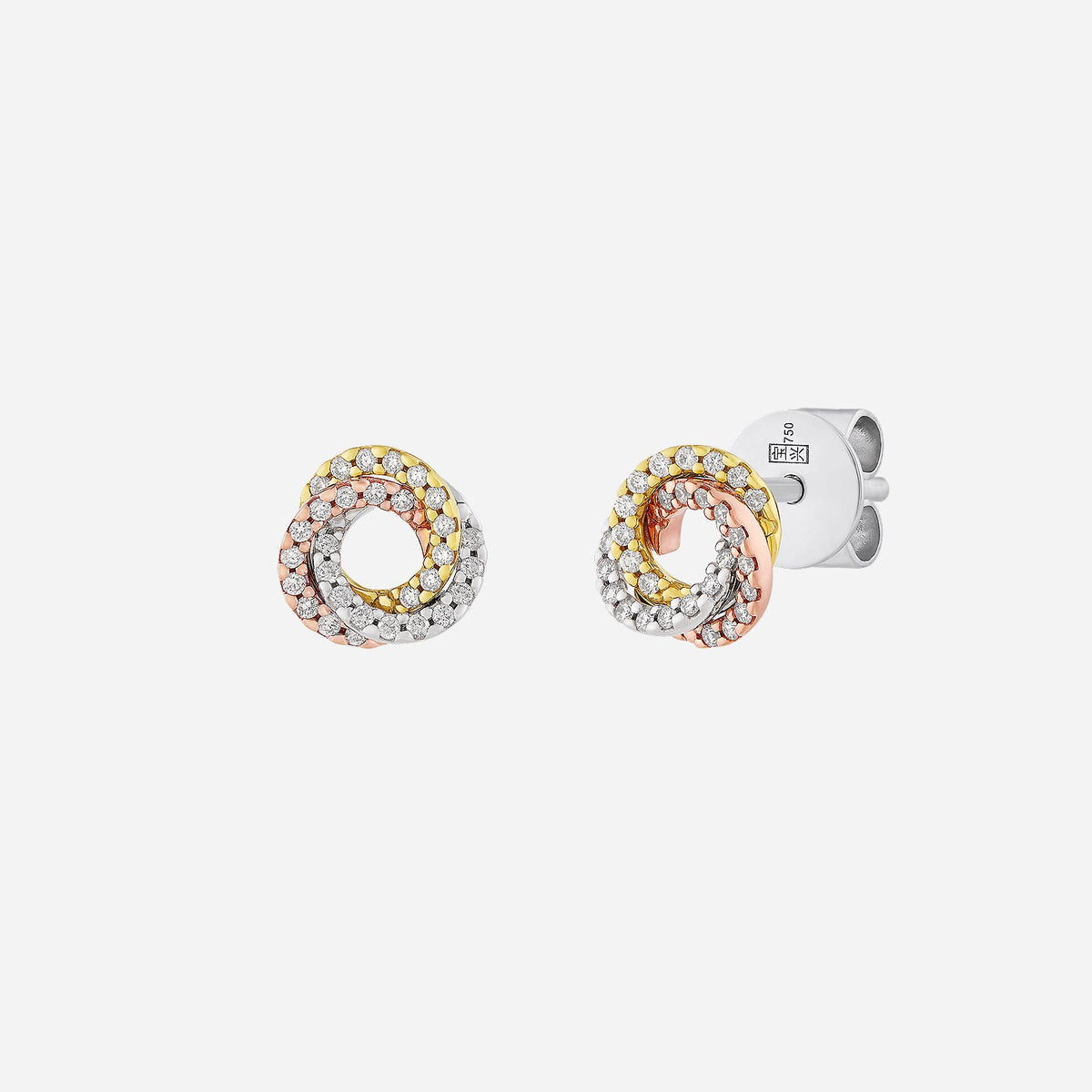 trio hoop earrings in 18k yellow, white, and rose gold, adorned with pavé diamonds in a swirling design.
