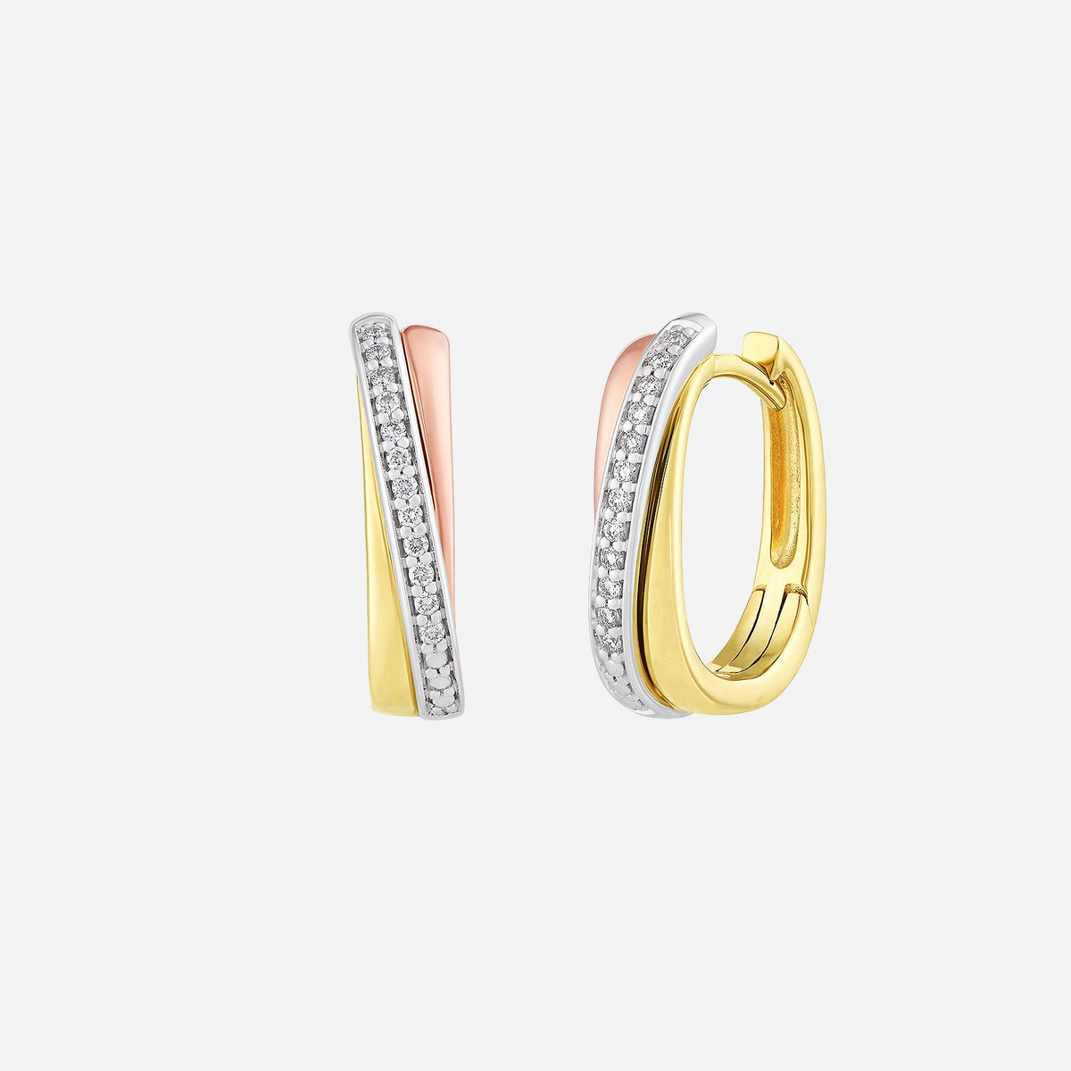 entwined diamond earrings in yellow, white, and rose gold with pavé diamonds in a modern sculptural design.