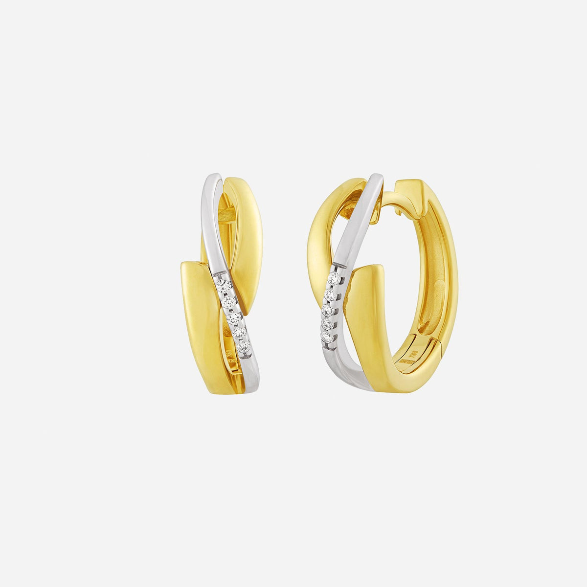 curve huggie earrings in 18k yellow and white gold with delicate diamonds, featuring flowing, elegant lines.