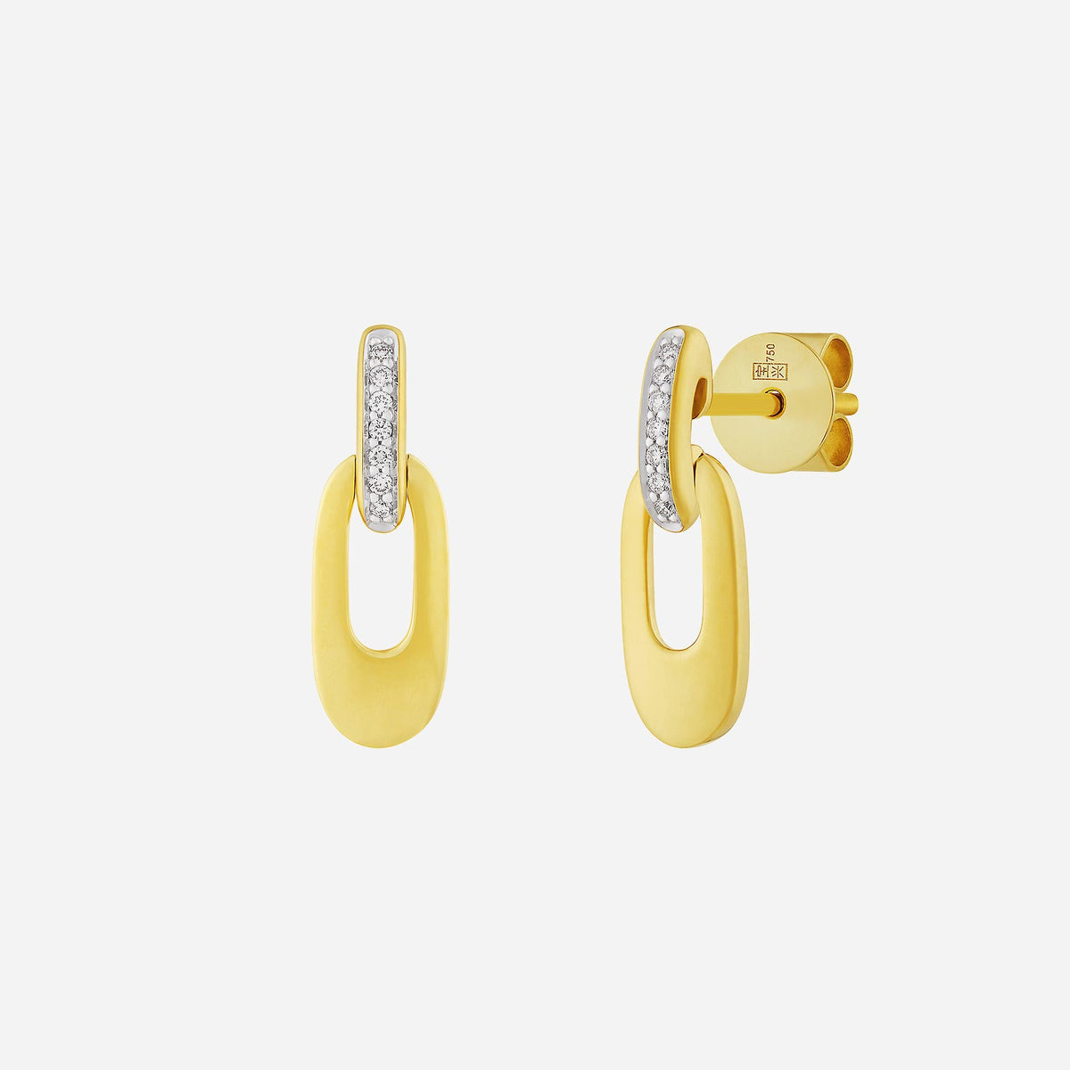 elliptical diamond earrings in 18k yellow and white gold with a sleek, modern design and sparkling gemstones.