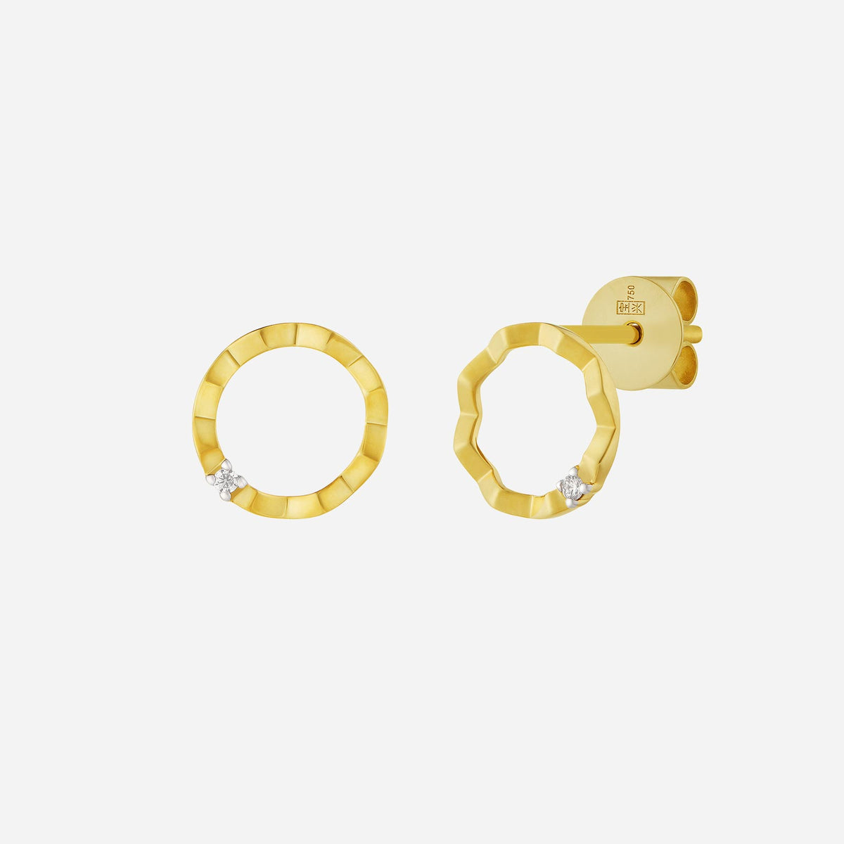 faceted diamond earrings in 18k yellow and white gold with geometric design and sparkling diamonds.
