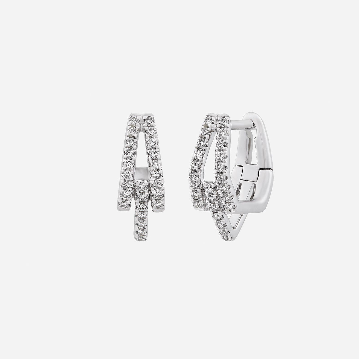 regal arc diamond earrings in 18k white gold with split pavé curves, showcasing a bold and modern design.