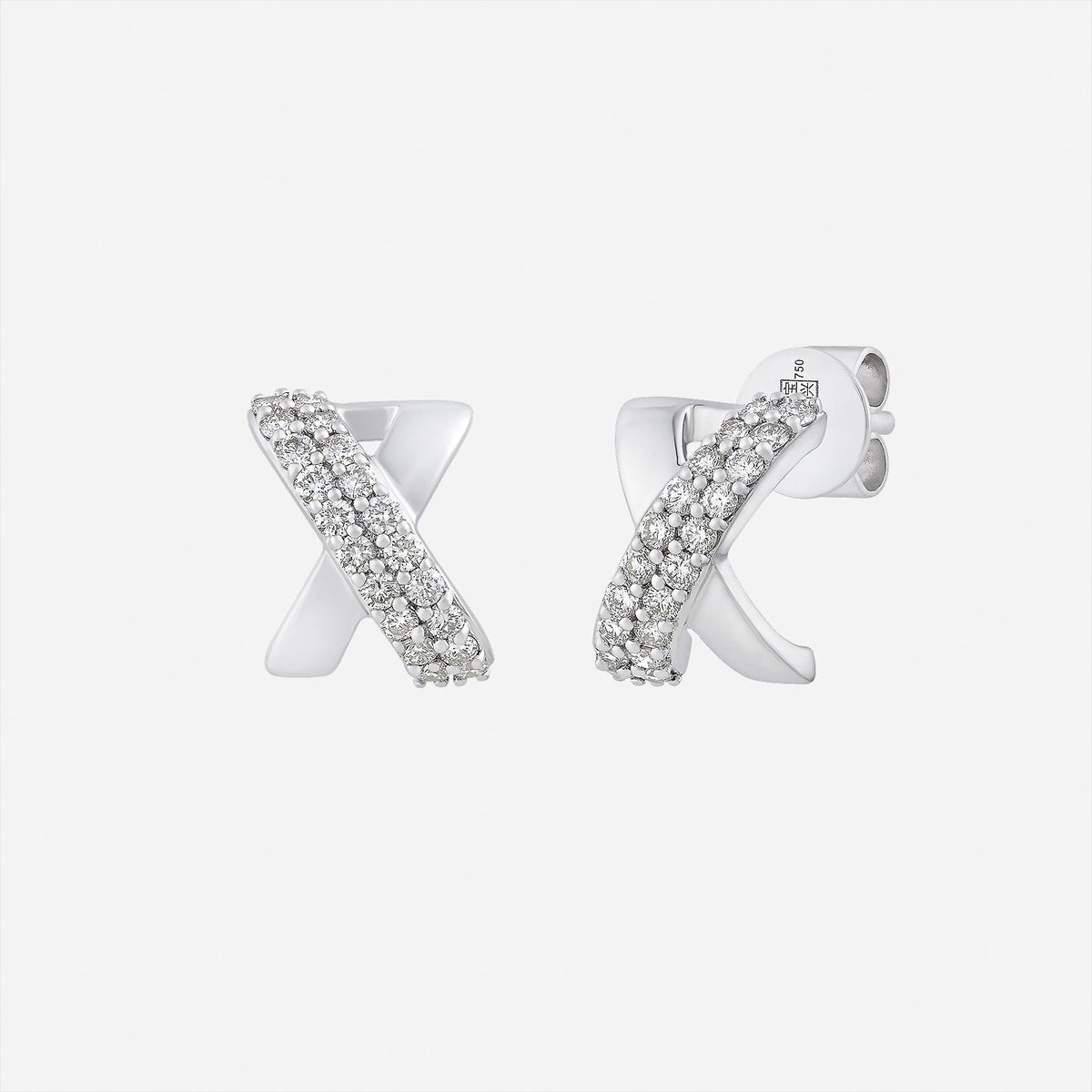luxe shine cross diamond earrings in 18k white gold with brilliant-cut diamond rows in crisscross design.