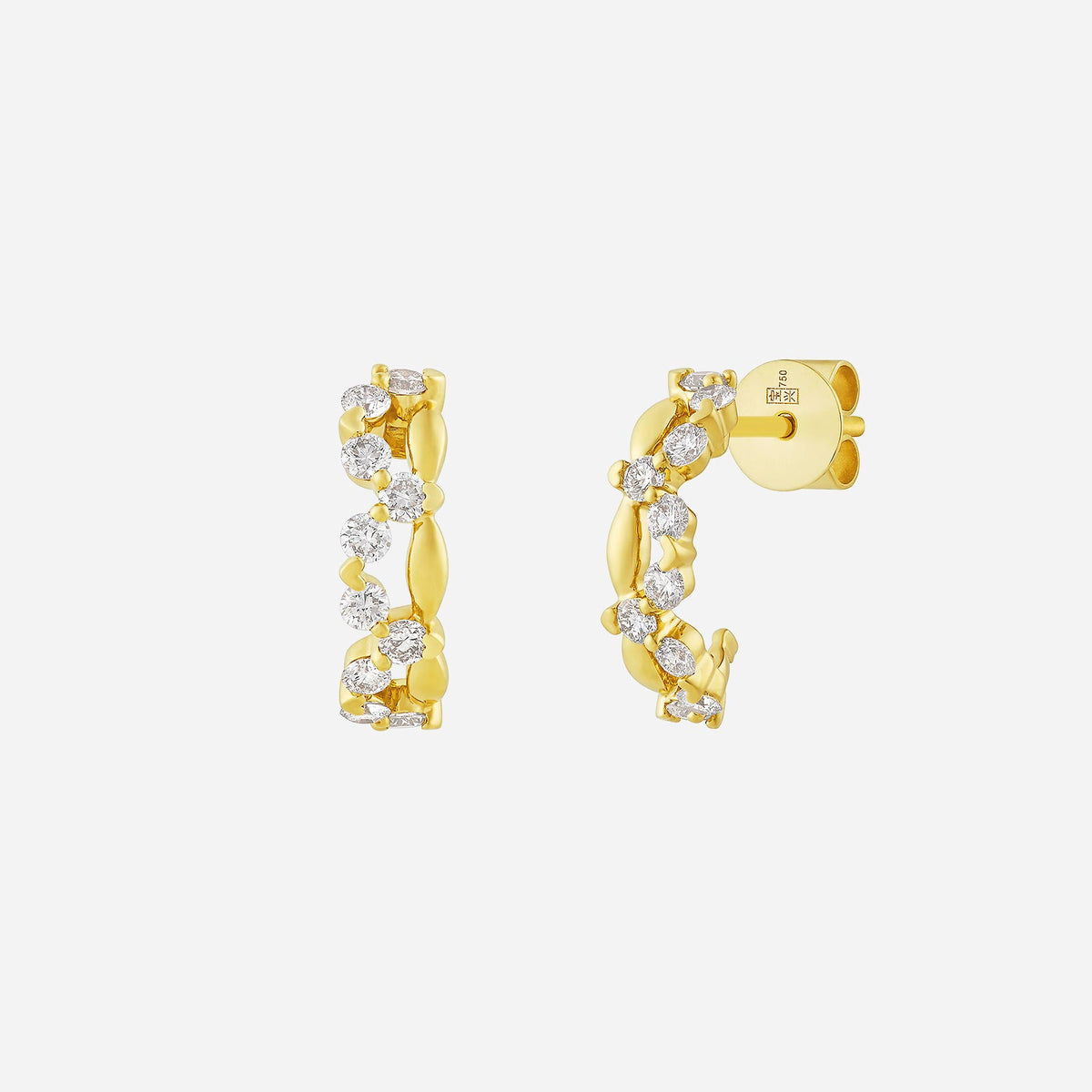 lumière bloom diamond earrings in 18k yellow gold with a sculpted design and sparkling diamonds adorning the arc.