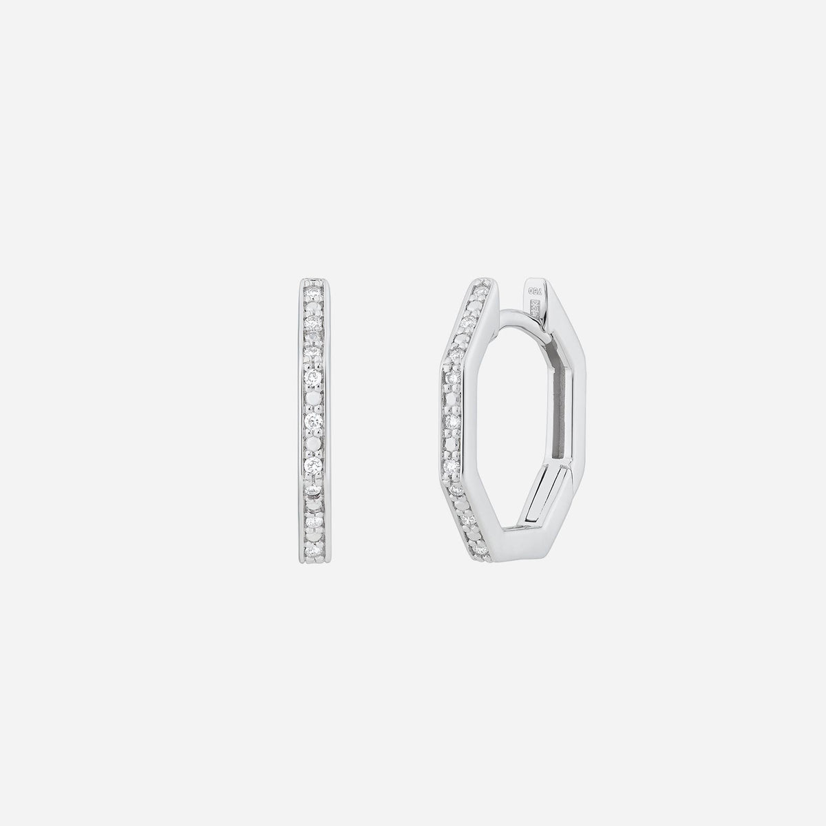 diamond huggie earrings in 18k white gold with octagonal design and sparkling diamonds on the front edge.