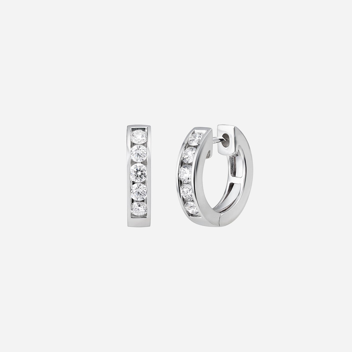 diamond huggie earrings in 18k white gold featuring sparkling diamonds for an elegant look.