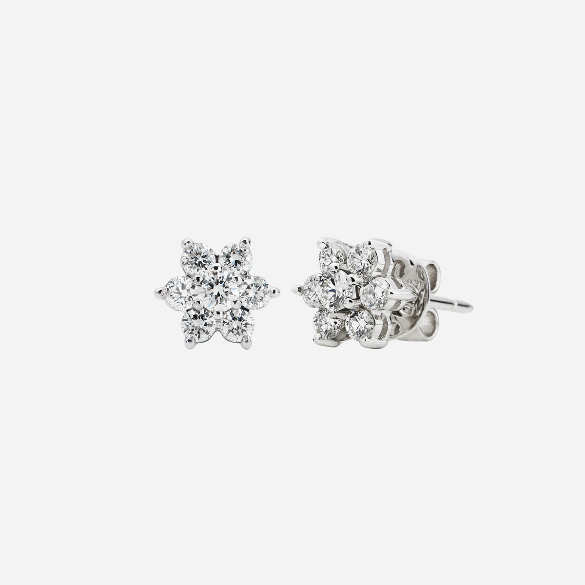 blossom diamond earrings in 18k white gold featuring a floral design with seven sparkling diamonds.