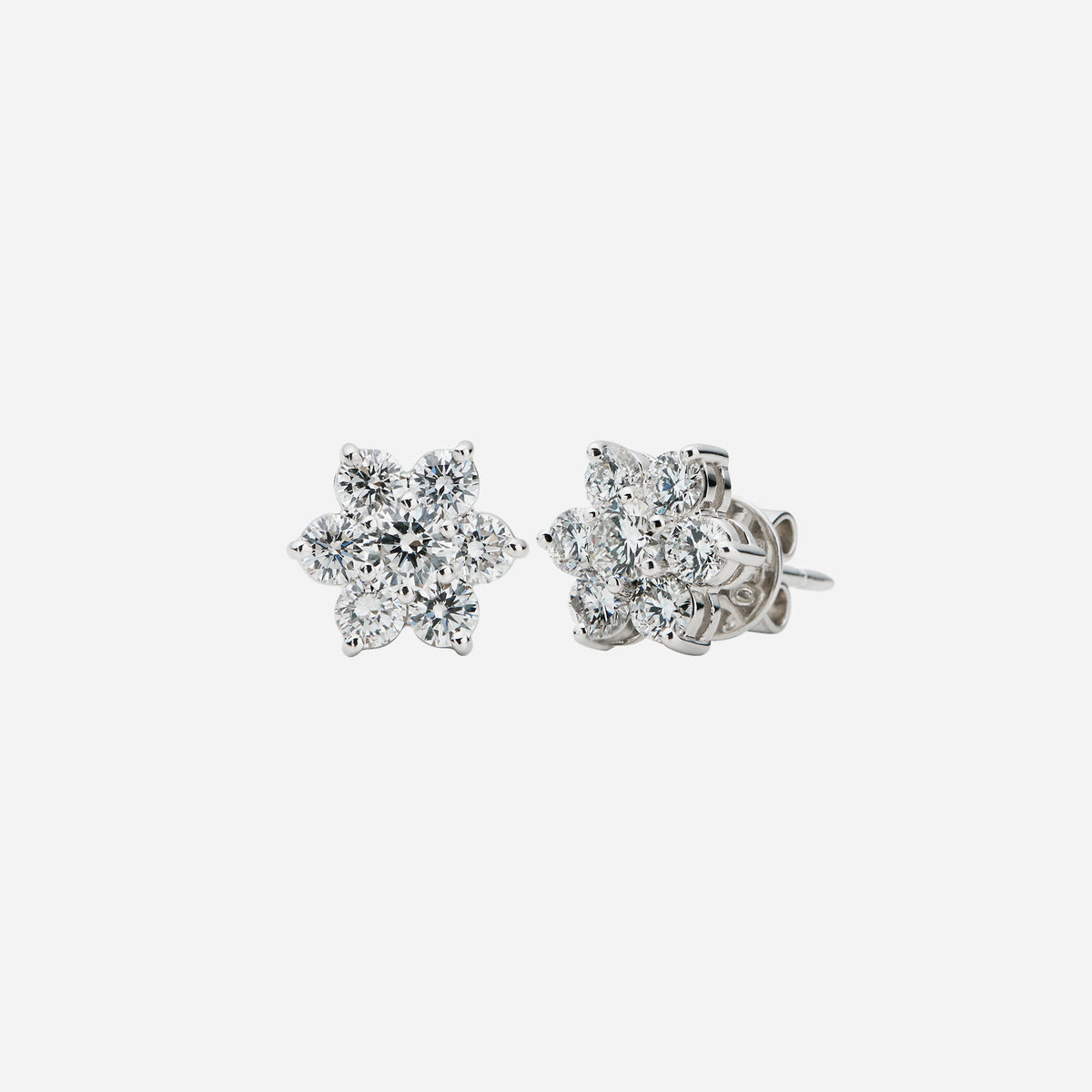 blossom earrings in 18k white gold featuring a flower design with seven sparkling diamonds. elegant and delicate.